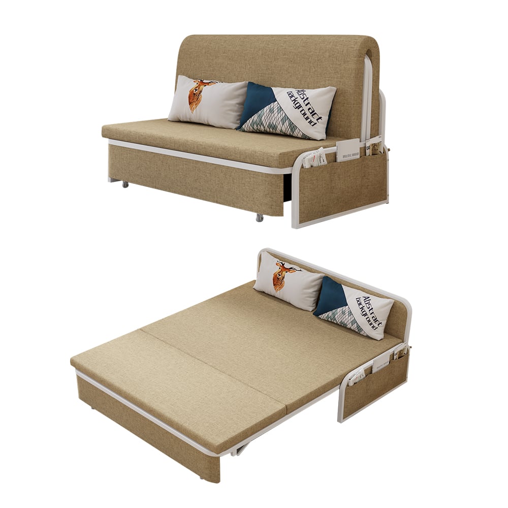 HMR Modern 2-Seater Linen Sleeper Sofa with Trundle - Khaki, Queen Size