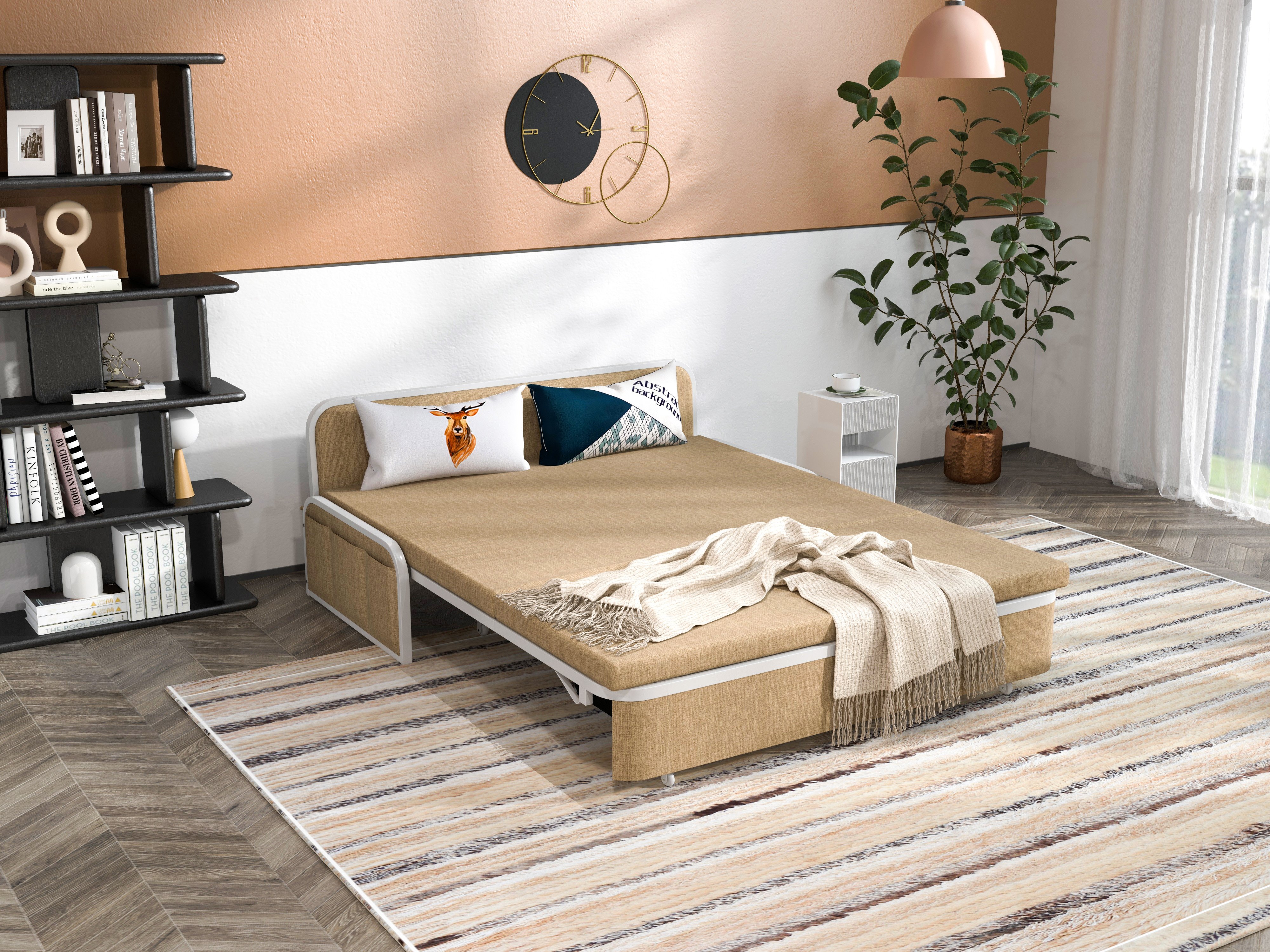 HMR Modern 2-Seater Linen Sleeper Sofa with Trundle - Khaki, Queen Size