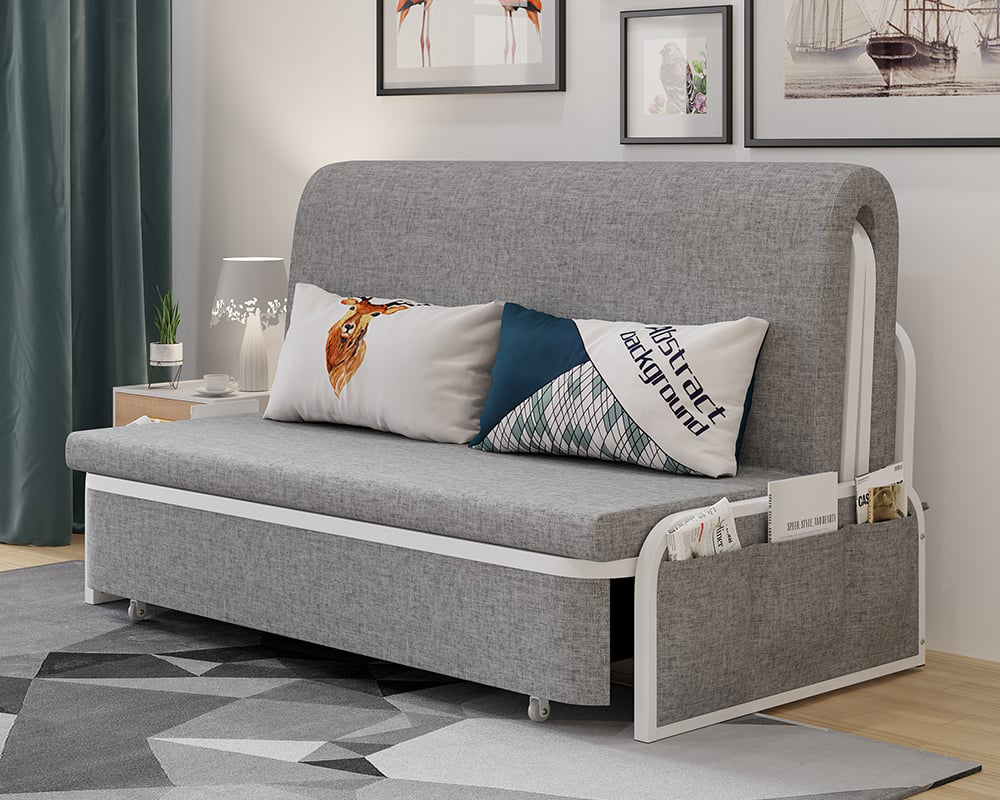 HMR Modern 2-Seater Linen Sleeper Sofa with Trundle - Light Gray, Queen Size