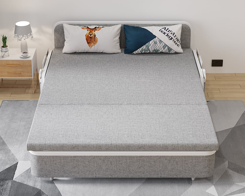 HMR Modern 2-Seater Linen Sleeper Sofa with Trundle - Light Gray, Queen Size