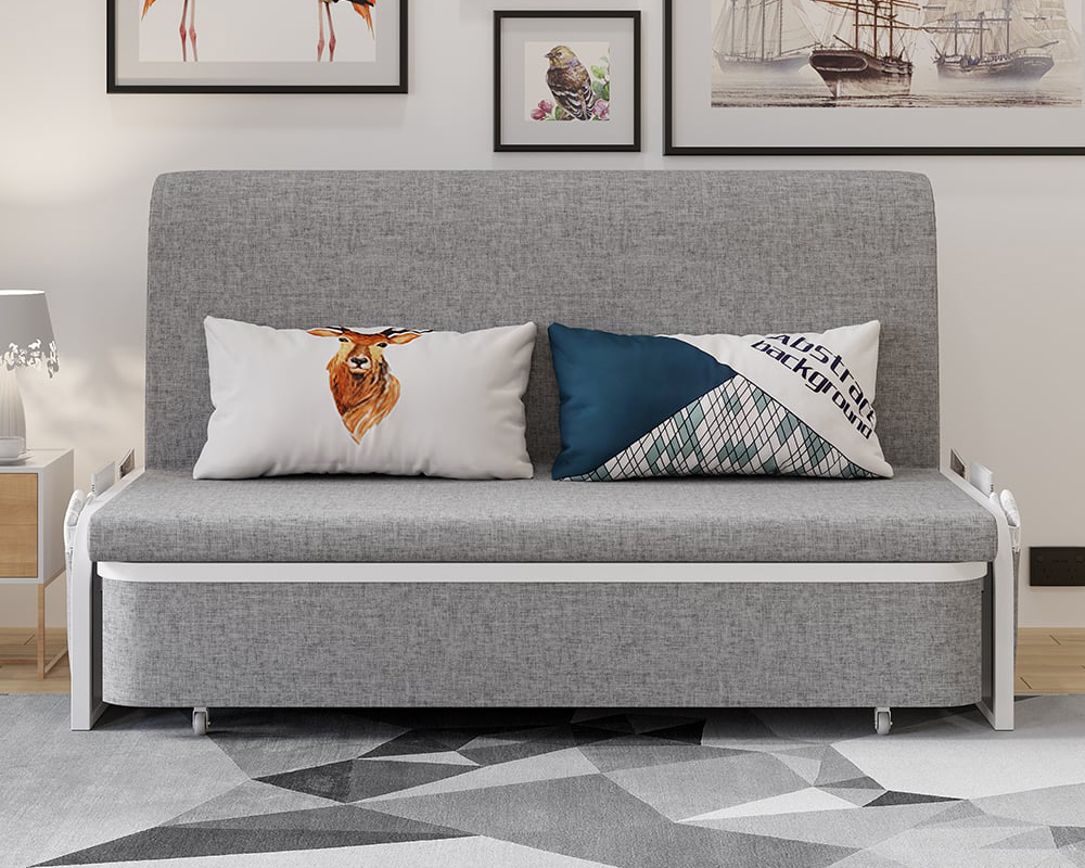 HMR Modern 2-Seater Linen Sleeper Sofa with Trundle - Light Gray, Queen Size