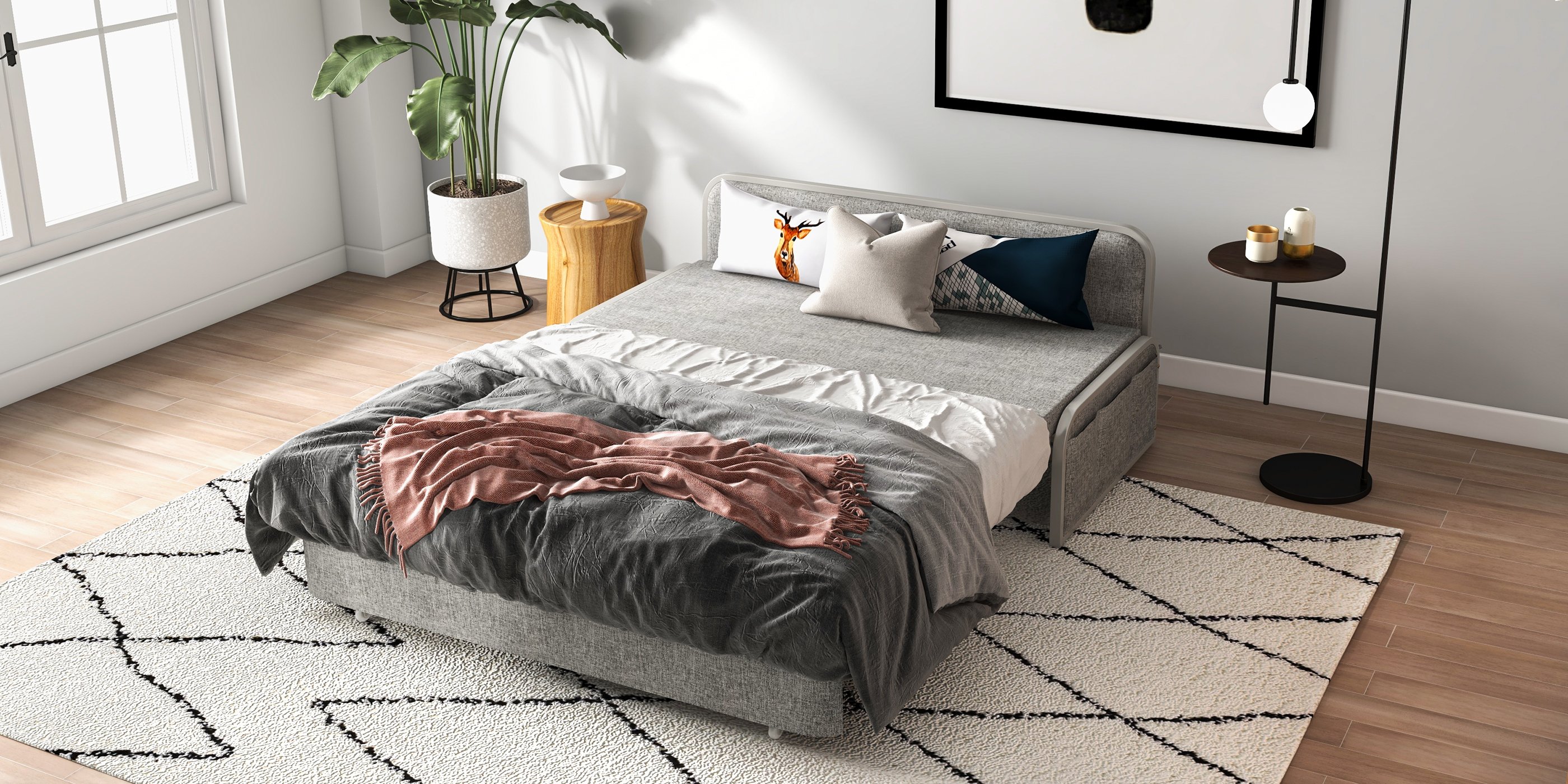 HMR Modern 2-Seater Linen Sleeper Sofa with Trundle - Light Gray, Queen Size