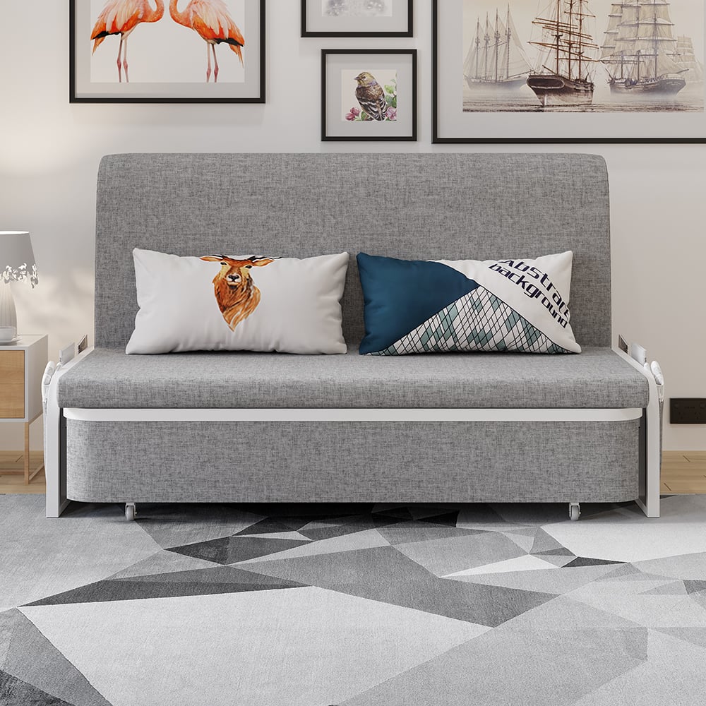 HMR Modern 3-Seater Linen Sleeper Sofa with Trundle - Light Gray, King Size