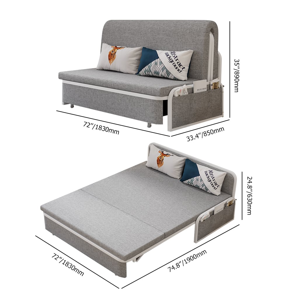 HMR Modern 3-Seater Linen Sleeper Sofa with Trundle - Light Gray, King Size