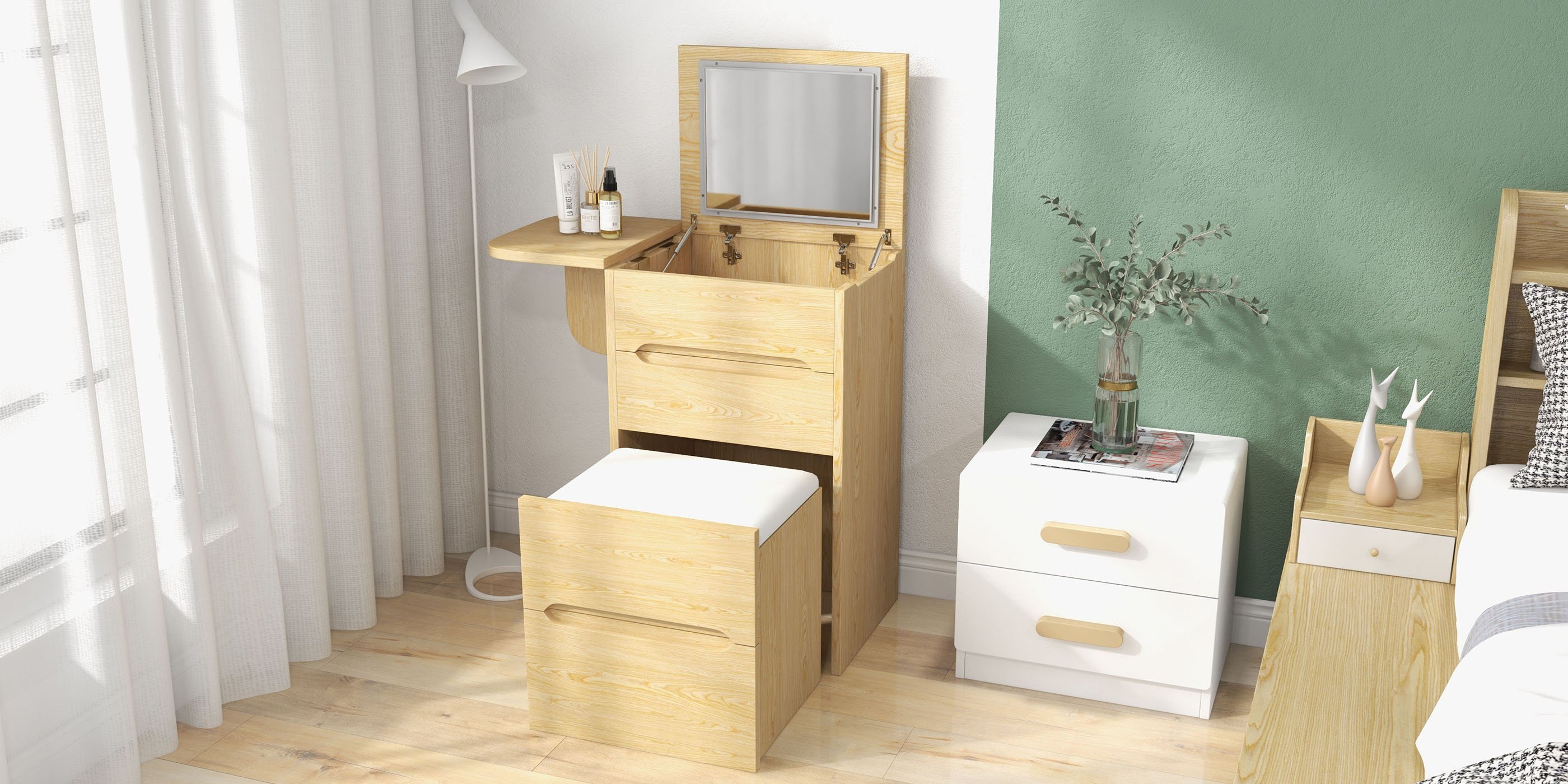 HMR Nordic Flip Top Makeup Vanity Mini with Stool & Mirror - Natural
