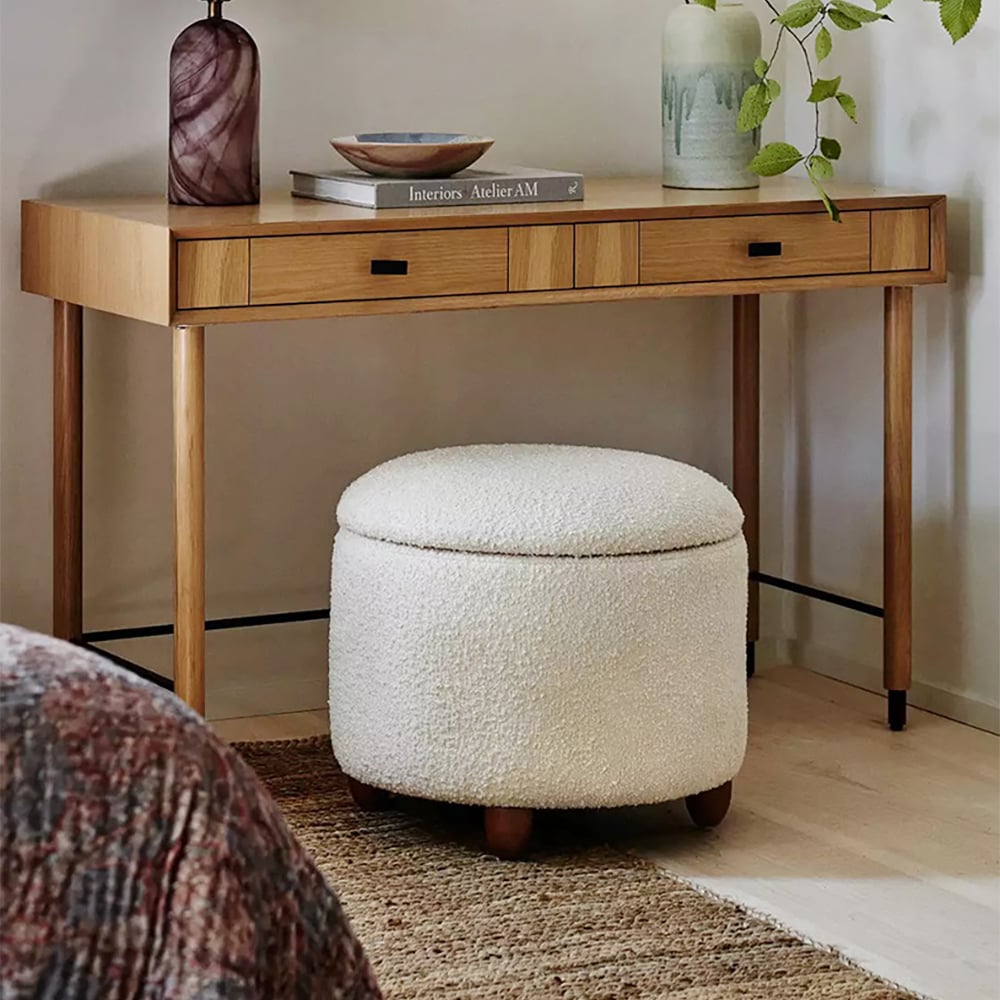 HMR - Modern White Boucle Vanity Stool with Lifted Top Storage Round Ottoman with Walnut Legs