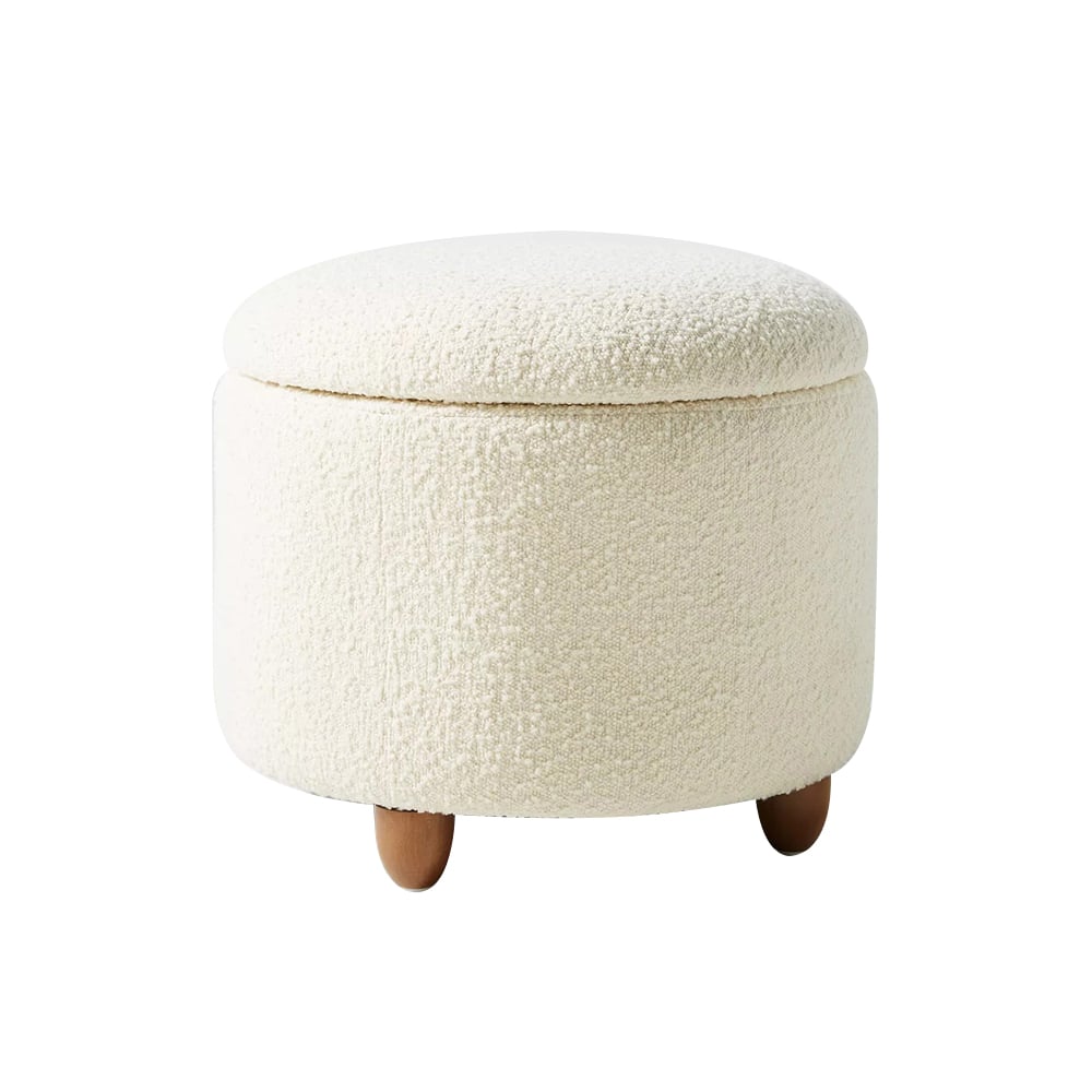 HMR - Modern White Boucle Vanity Stool with Lifted Top Storage Round Ottoman with Walnut Legs