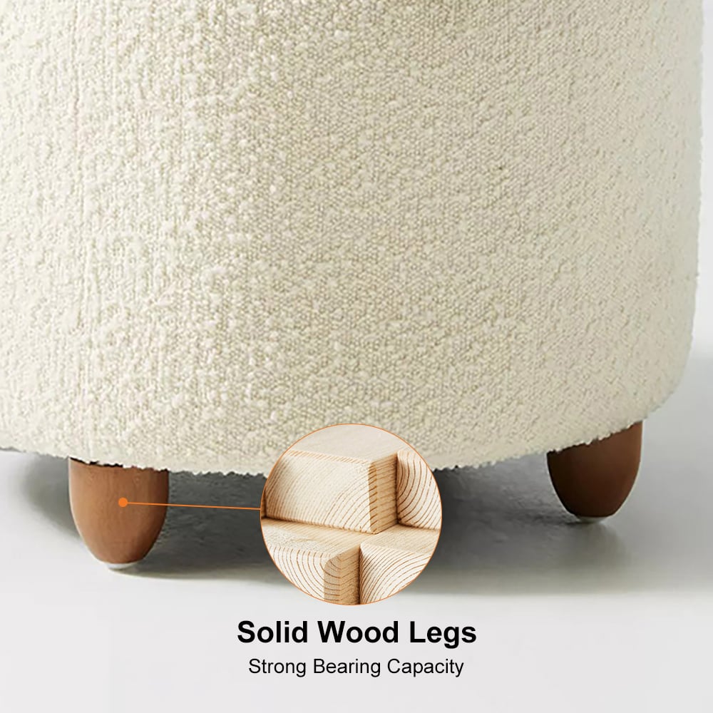 HMR - Modern White Boucle Vanity Stool with Lifted Top Storage Round Ottoman with Walnut Legs