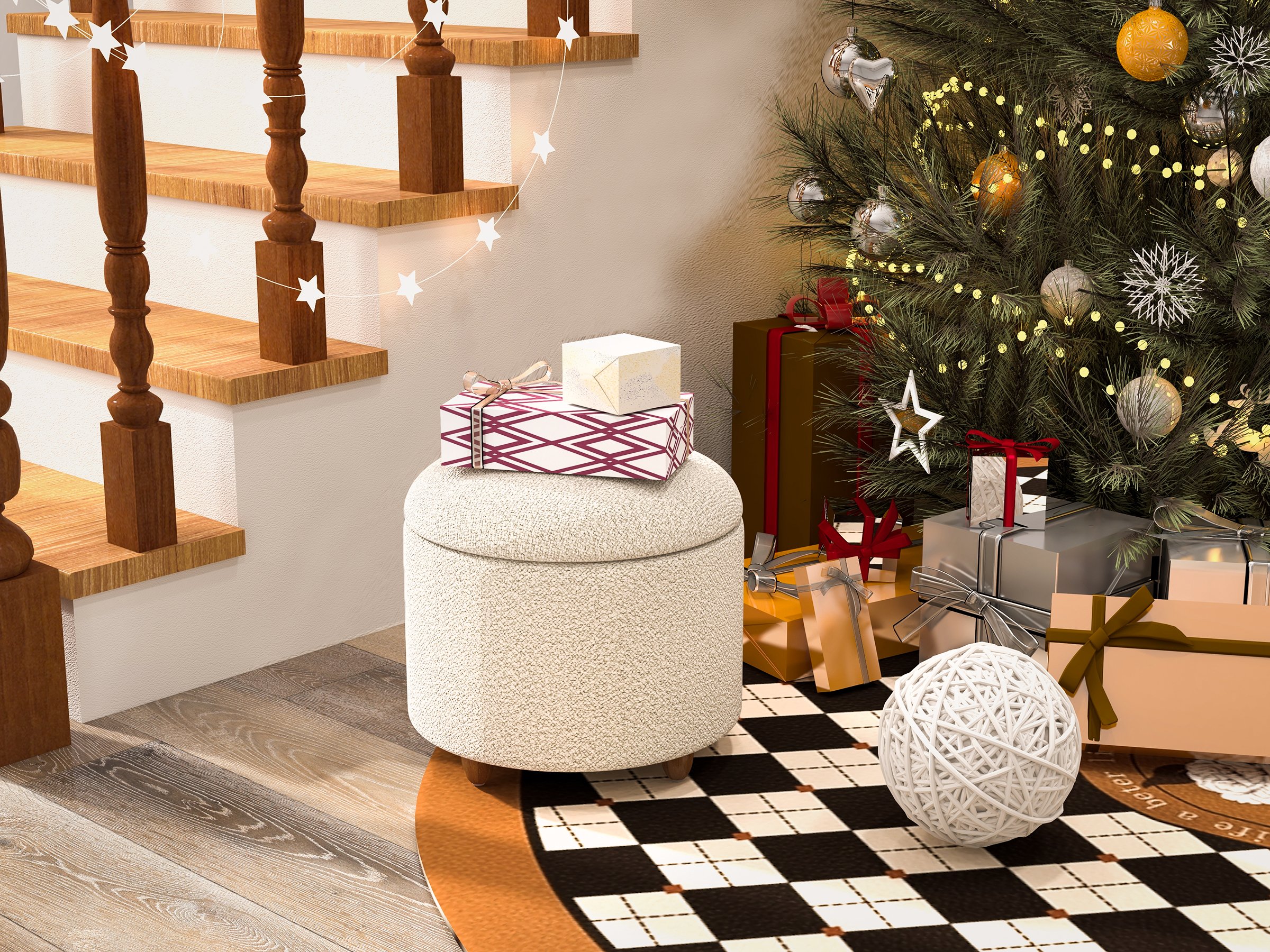 HMR - Modern White Boucle Vanity Stool with Lifted Top Storage Round Ottoman with Walnut Legs