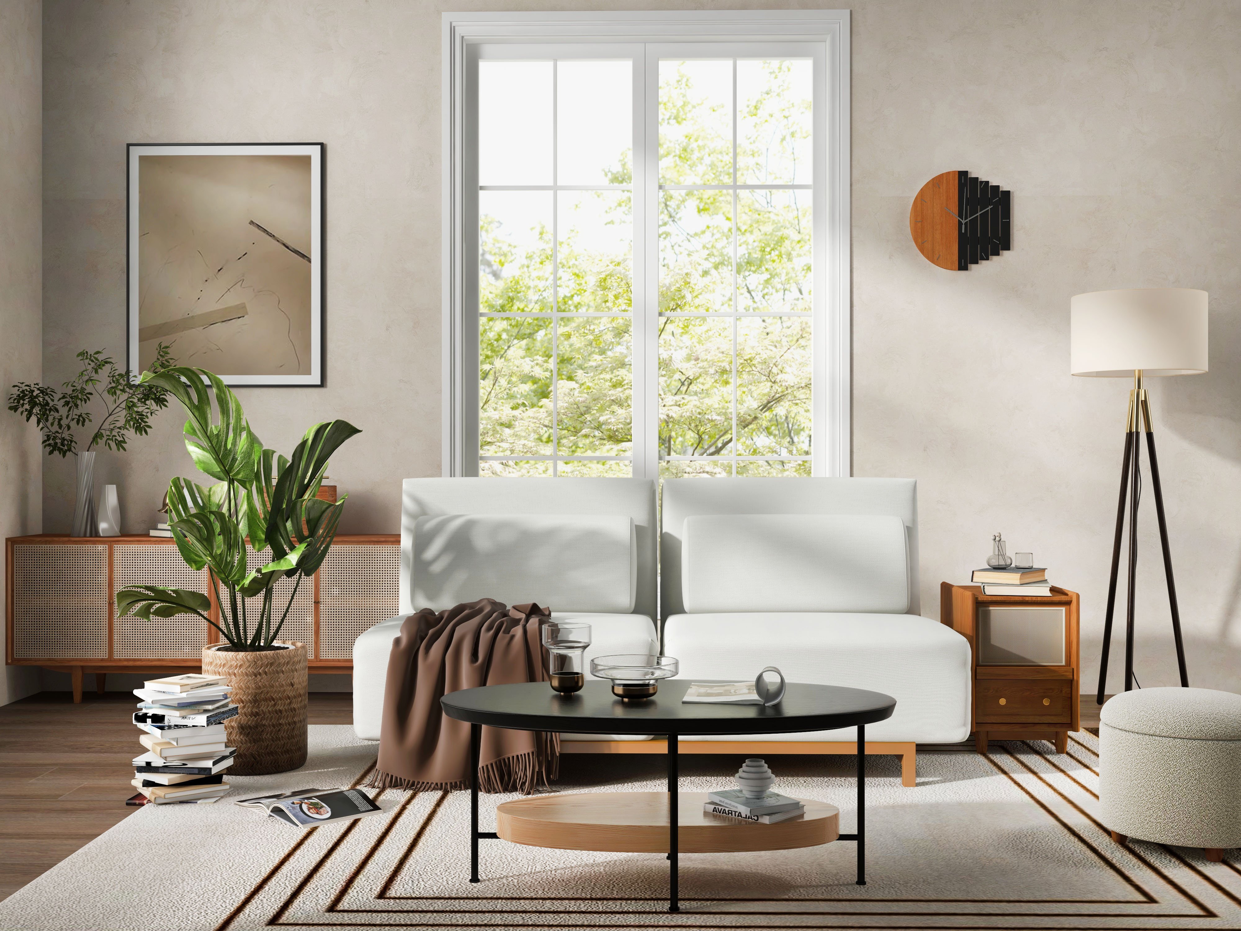 HMR - Modern White Boucle Vanity Stool with Lifted Top Storage Round Ottoman with Walnut Legs