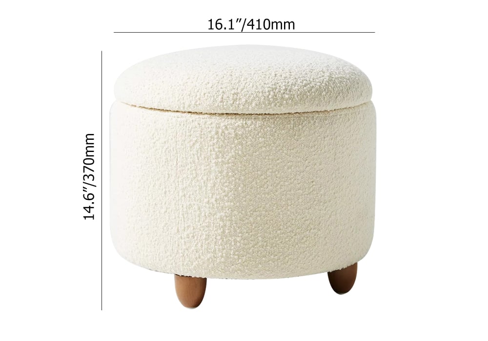 HMR - Modern White Boucle Vanity Stool with Lifted Top Storage Round Ottoman with Walnut Legs