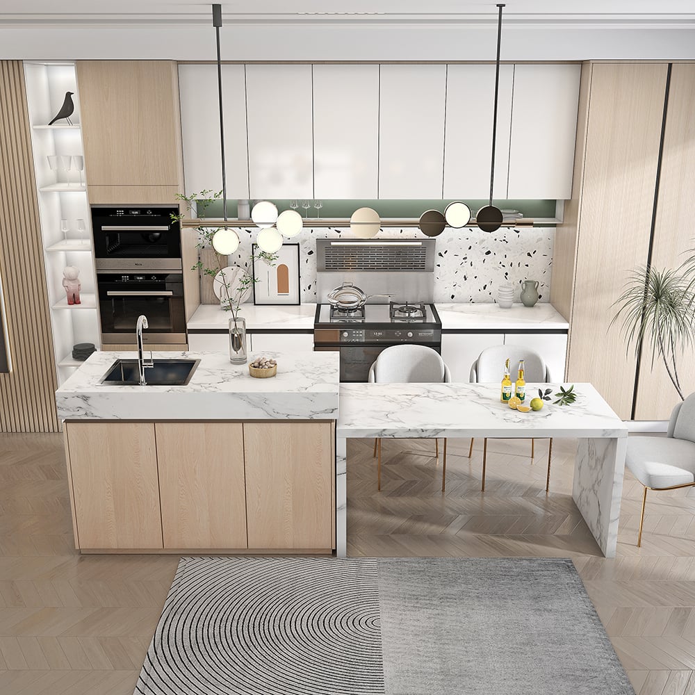 HMR - 47" Modern White Kitchen Island Rectangular Marble Veneered Top