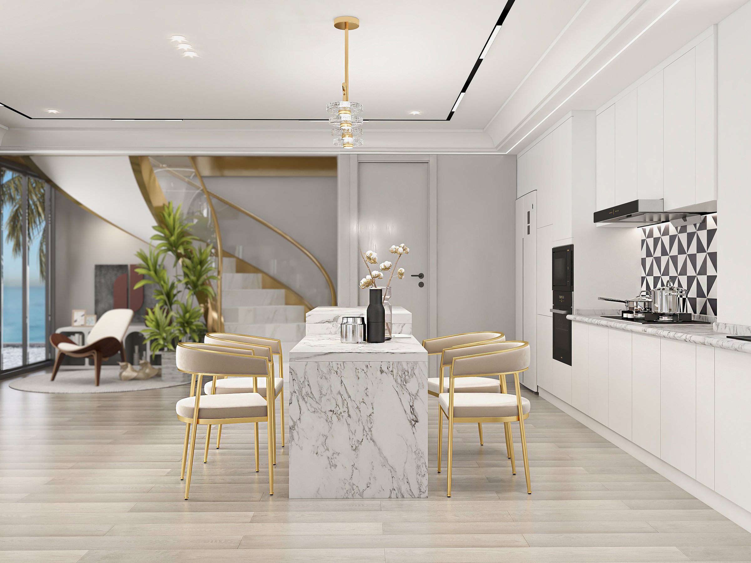 HMR - 47" Modern White Kitchen Island Rectangular Marble Veneered Top