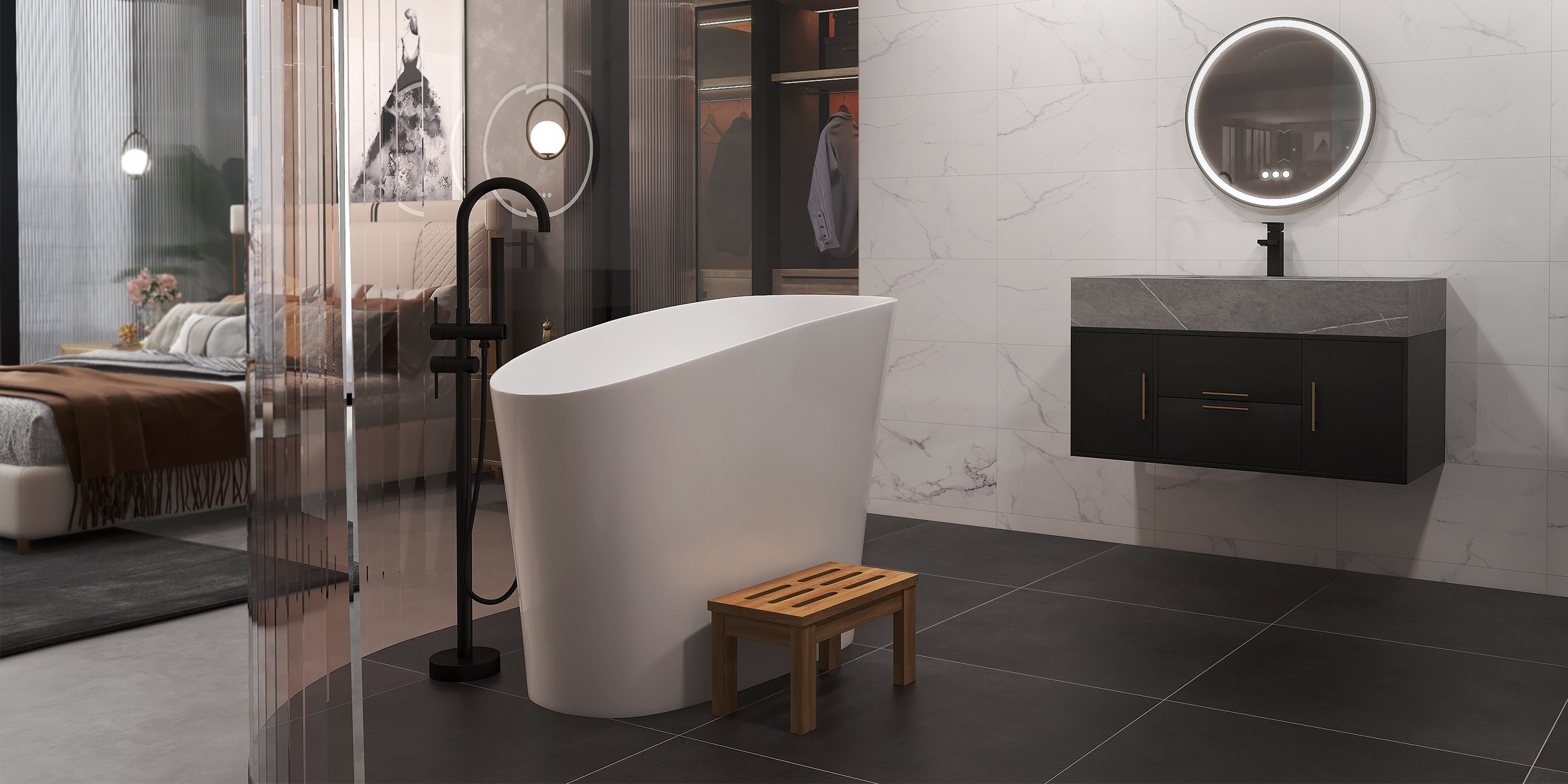 HMR 47" Japanese Modern Irregular Freestanding Stone Resin Soaking Bathtub - White