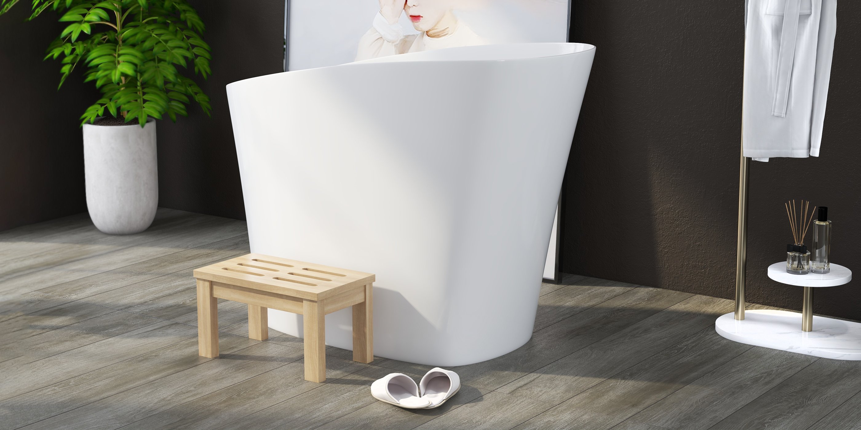HMR 47" Japanese Modern Irregular Freestanding Stone Resin Soaking Bathtub - White