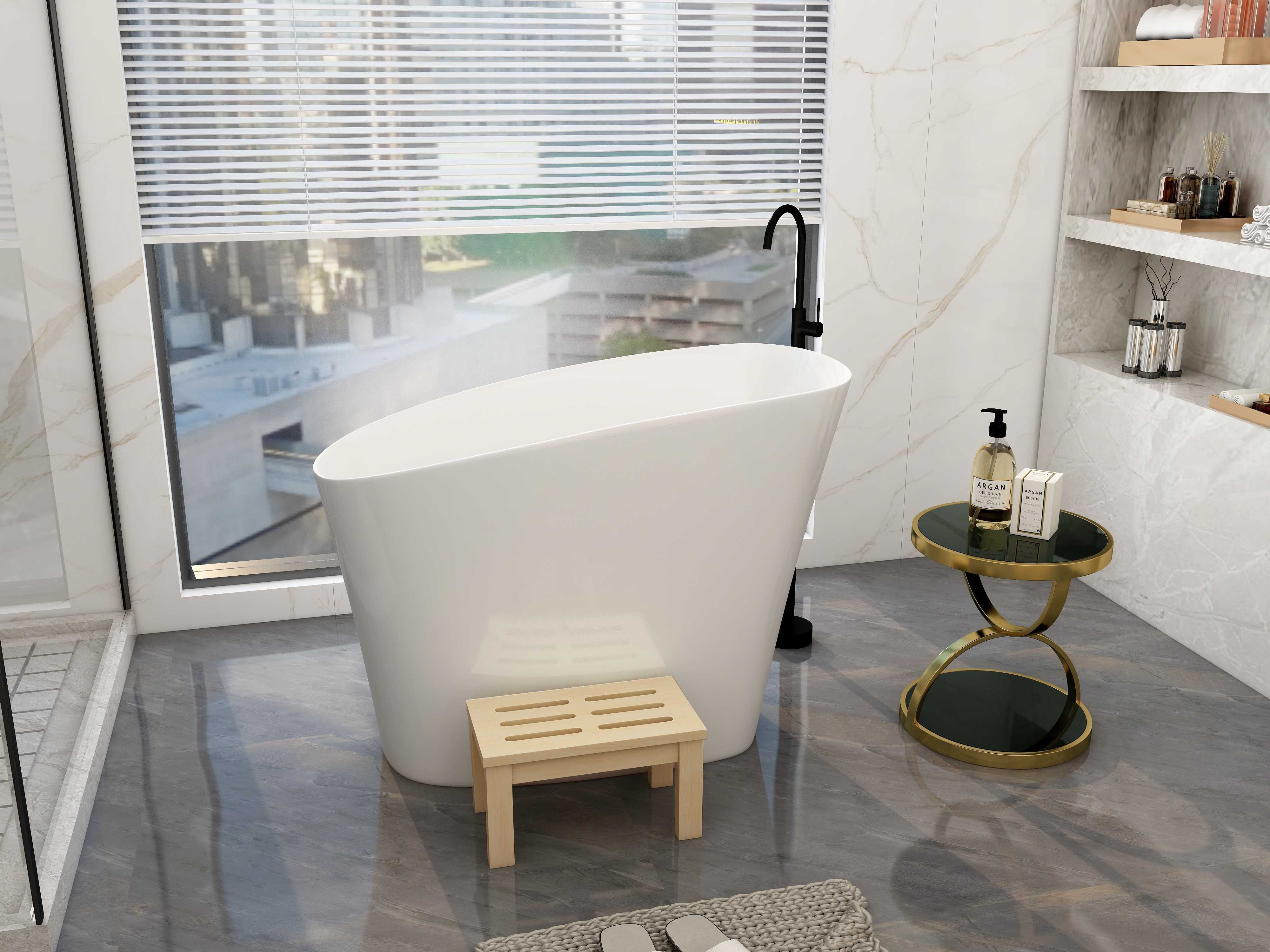 HMR 47" Japanese Modern Irregular Freestanding Stone Resin Soaking Bathtub - White