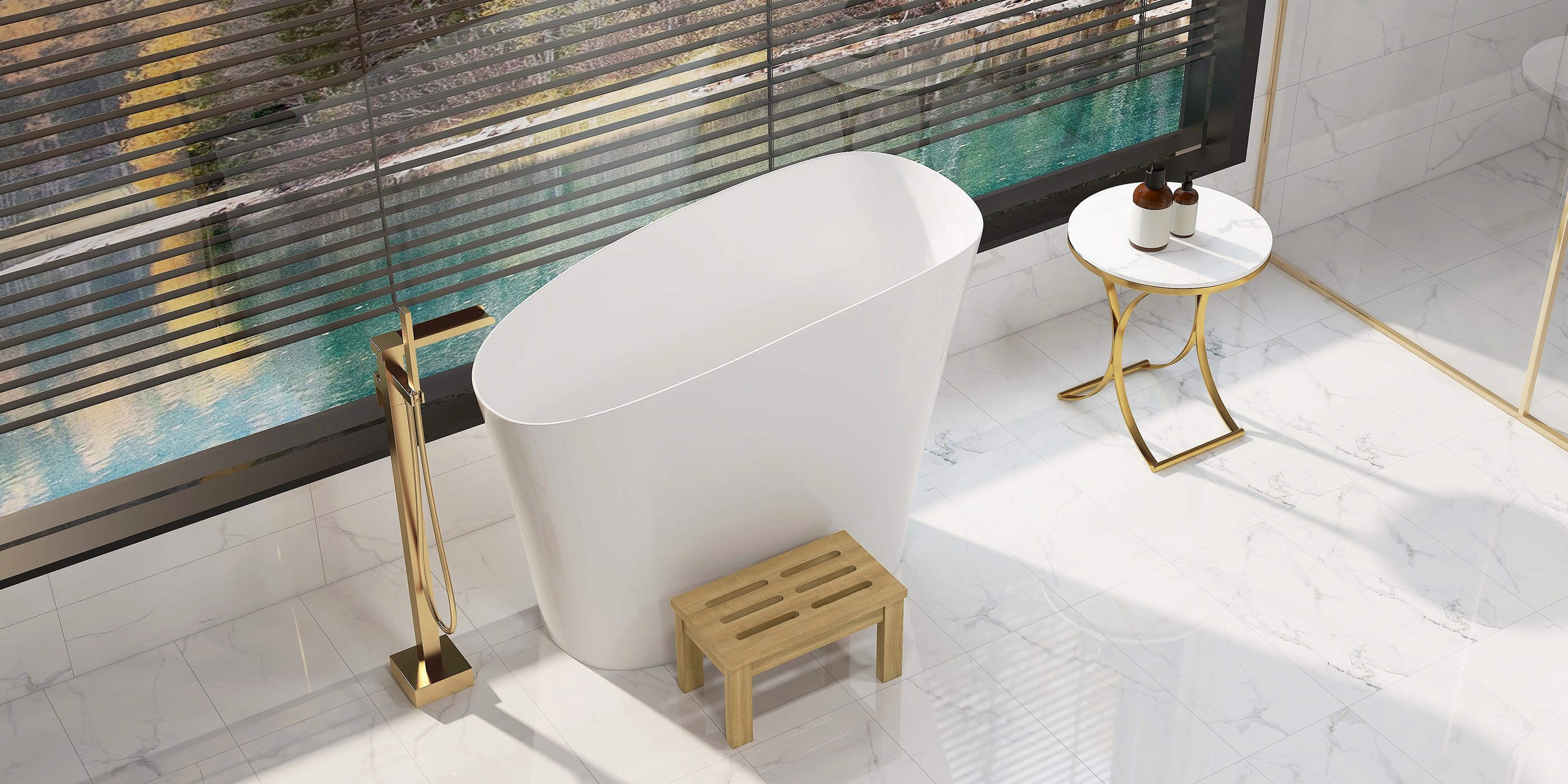 HMR 47" Japanese Modern Irregular Freestanding Stone Resin Soaking Bathtub - White