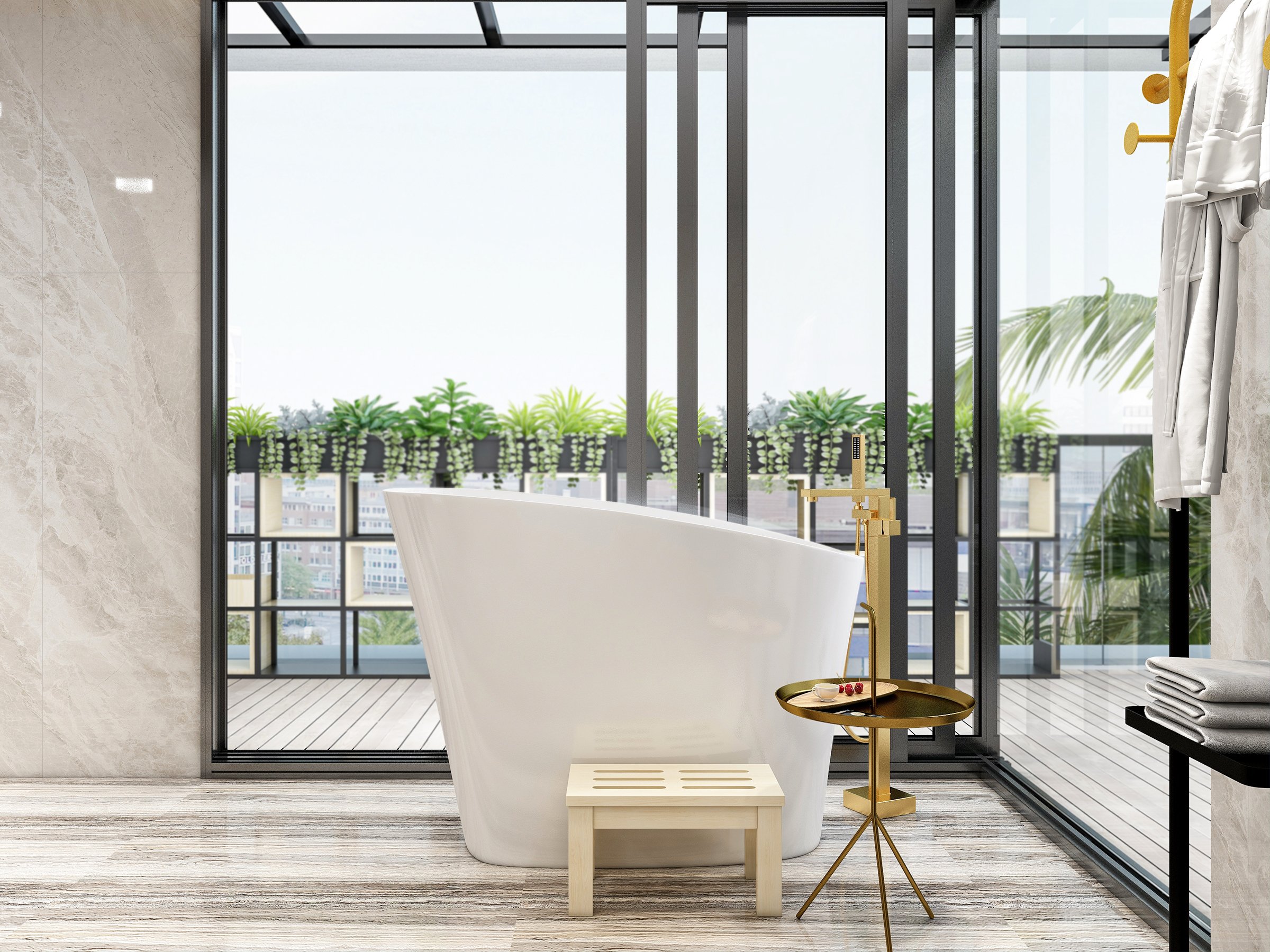 HMR 47" Japanese Modern Irregular Freestanding Stone Resin Soaking Bathtub - White