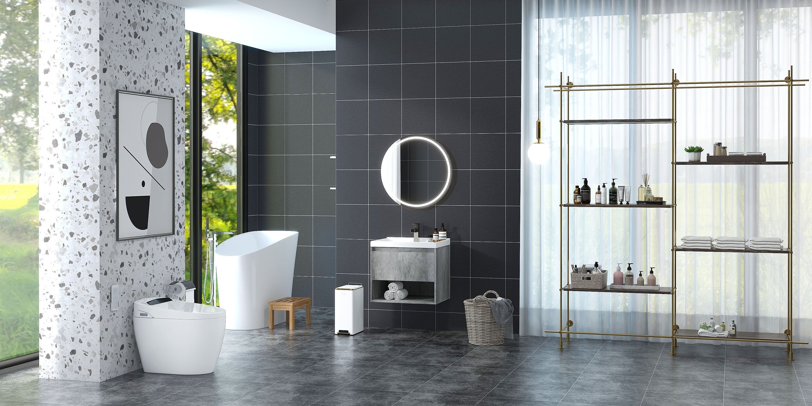 HMR 47" Japanese Modern Irregular Freestanding Stone Resin Soaking Bathtub - White