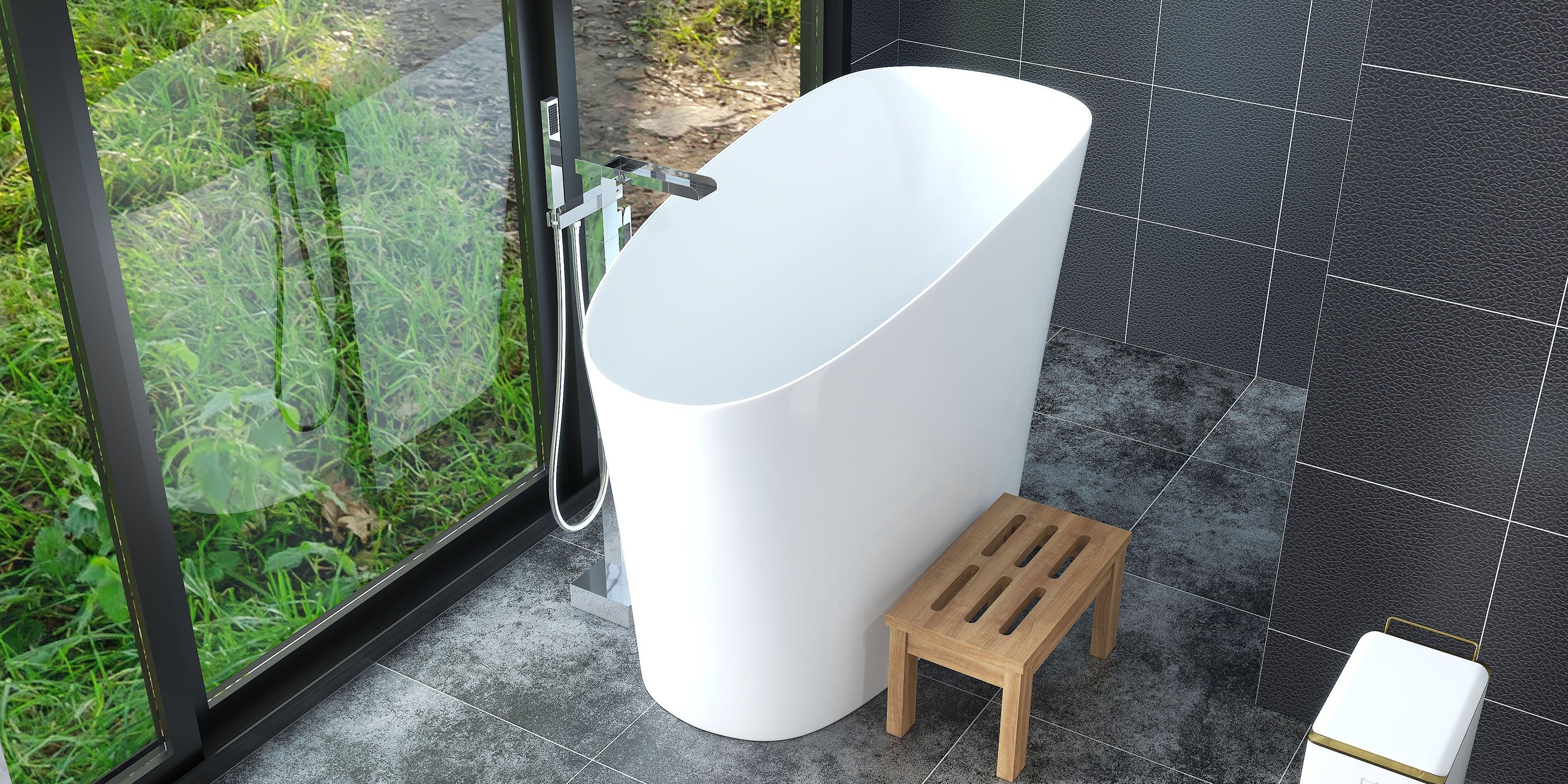 HMR 47" Japanese Modern Irregular Freestanding Stone Resin Soaking Bathtub - White