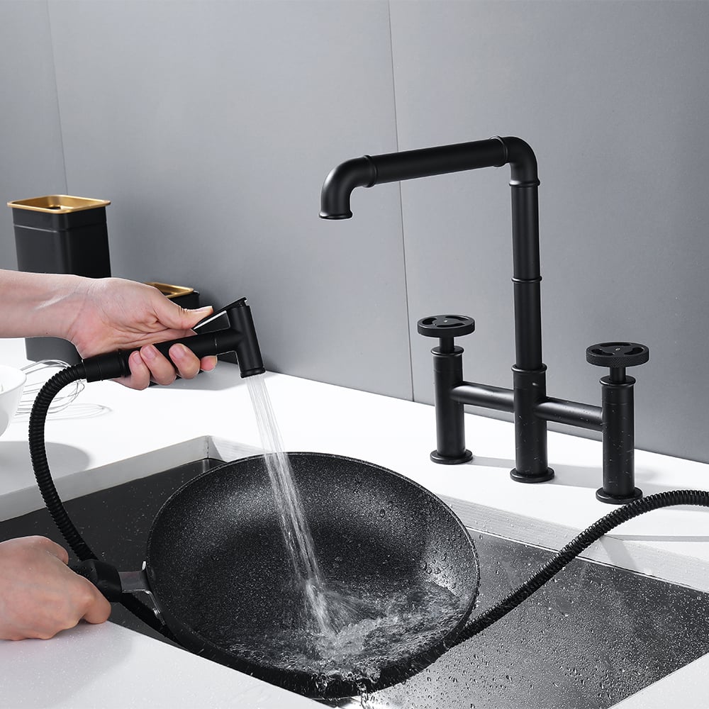 HMR - Ruth Industrial 2-Handle Centerset Kitchen Faucet with 1 Pull-out Sprayer Bridge-Shaped