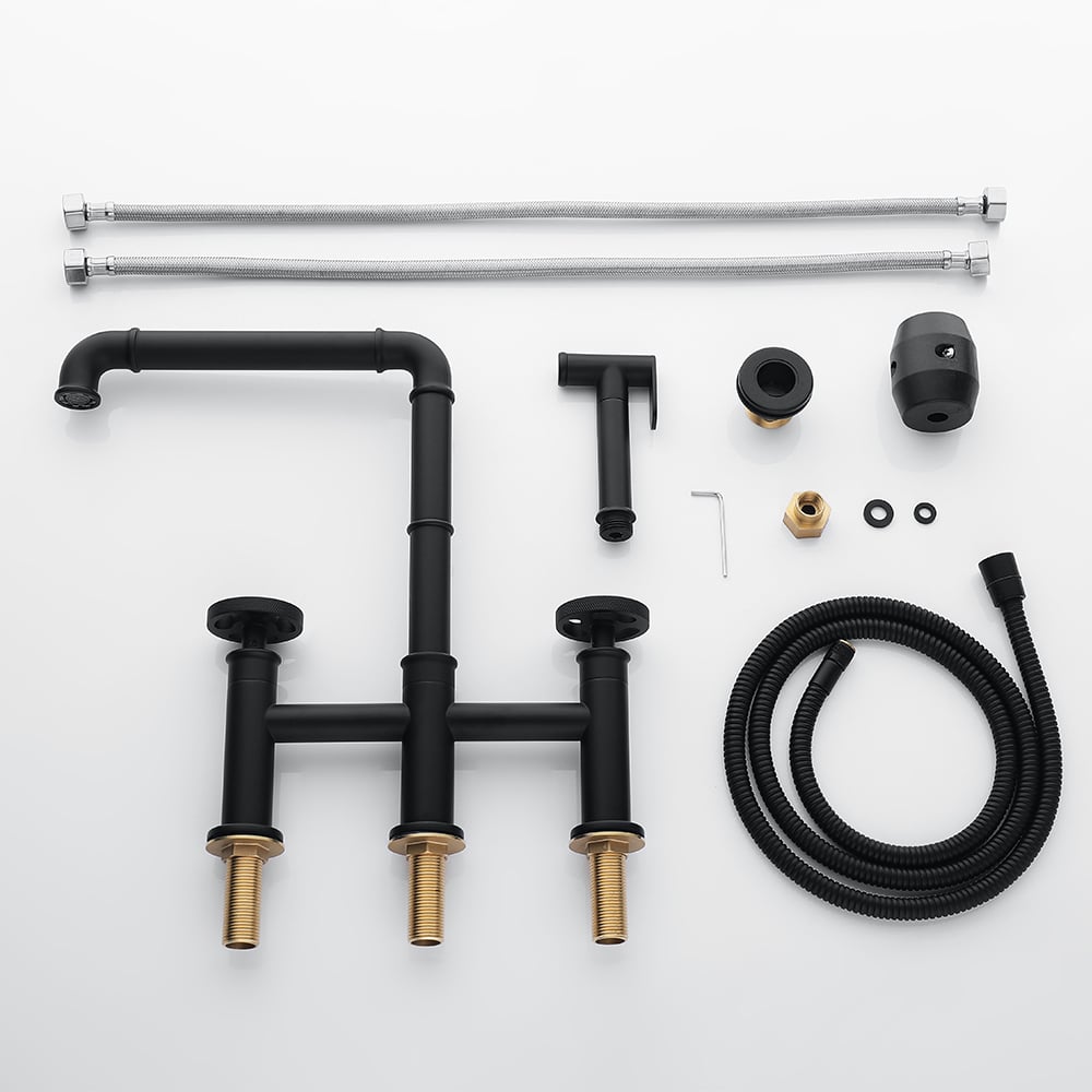 HMR - Ruth Industrial 2-Handle Centerset Kitchen Faucet with 1 Pull-out Sprayer Bridge-Shaped