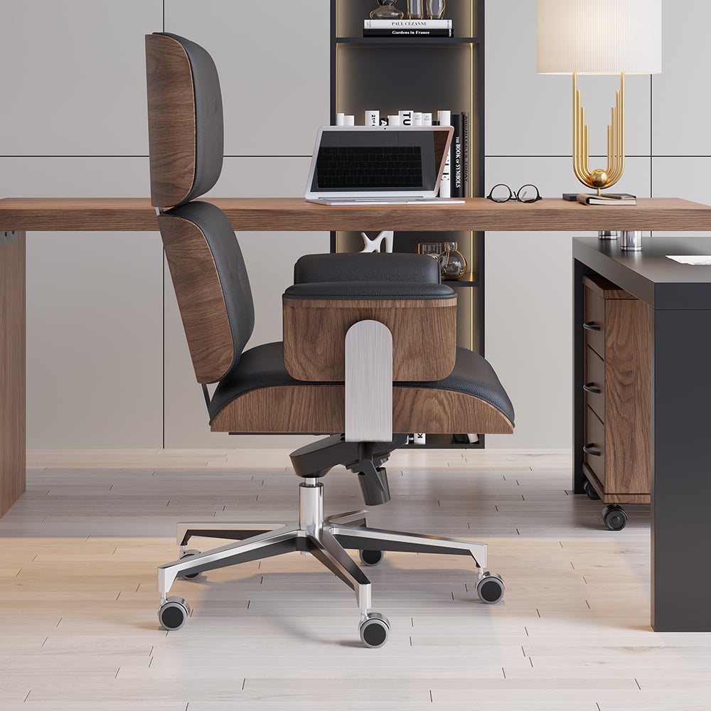 HMR Modern Home Office Chair Swivel Upholstered Wooden Office Chair Adjustable Height - Black
