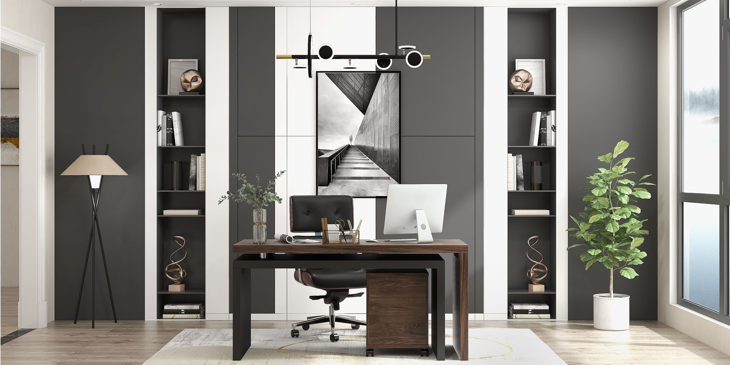 HMR Modern Home Office Chair Swivel Upholstered Wooden Office Chair Adjustable Height - Black
