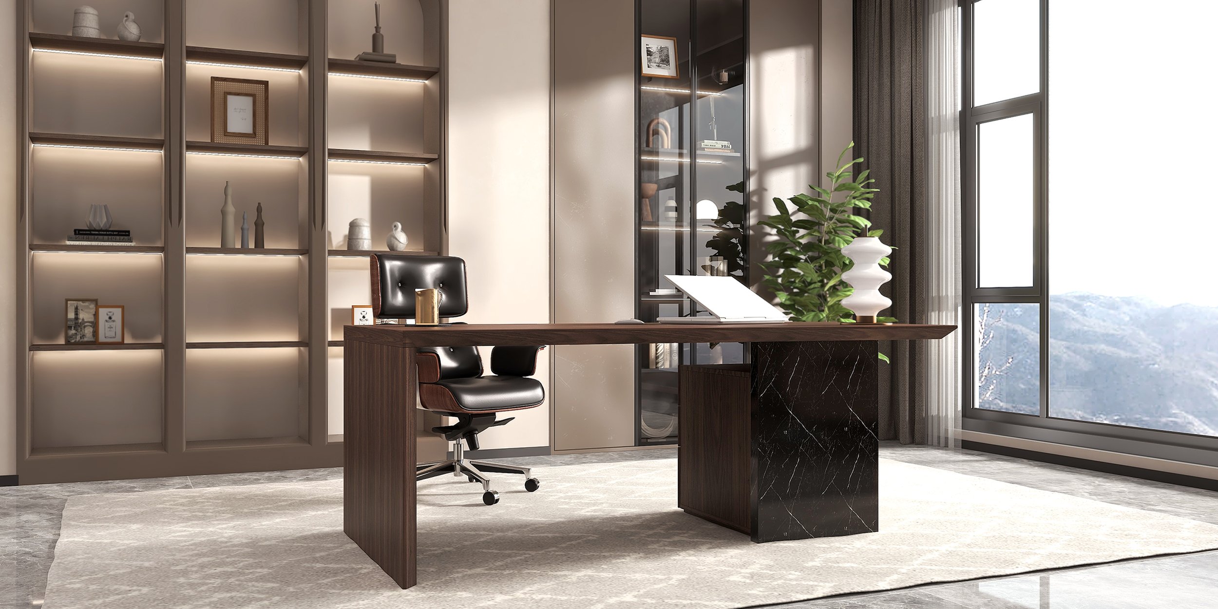 HMR Modern Home Office Chair Swivel Upholstered Wooden Office Chair Adjustable Height - Black