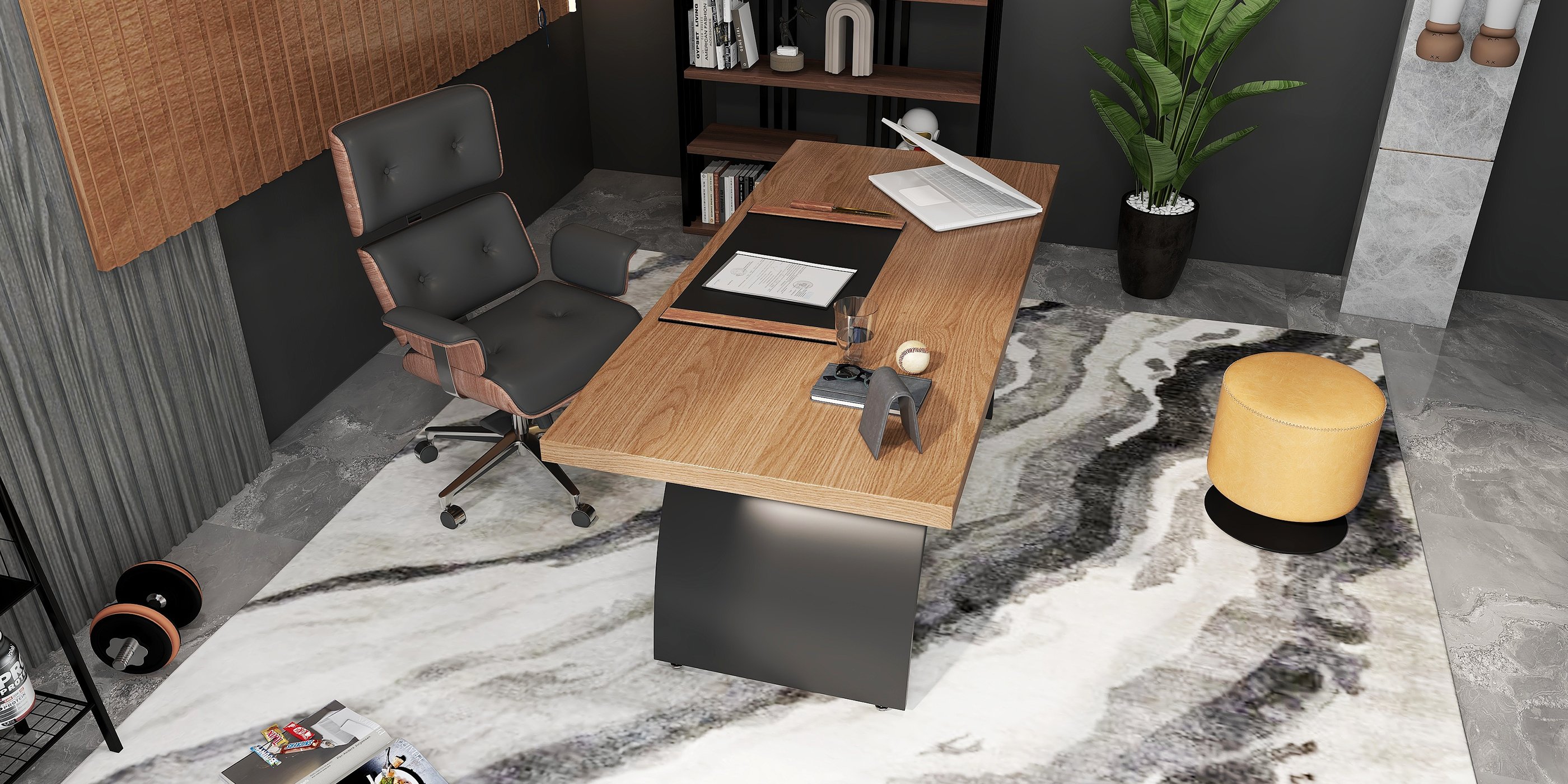 HMR Modern Home Office Chair Swivel Upholstered Wooden Office Chair Adjustable Height - Black