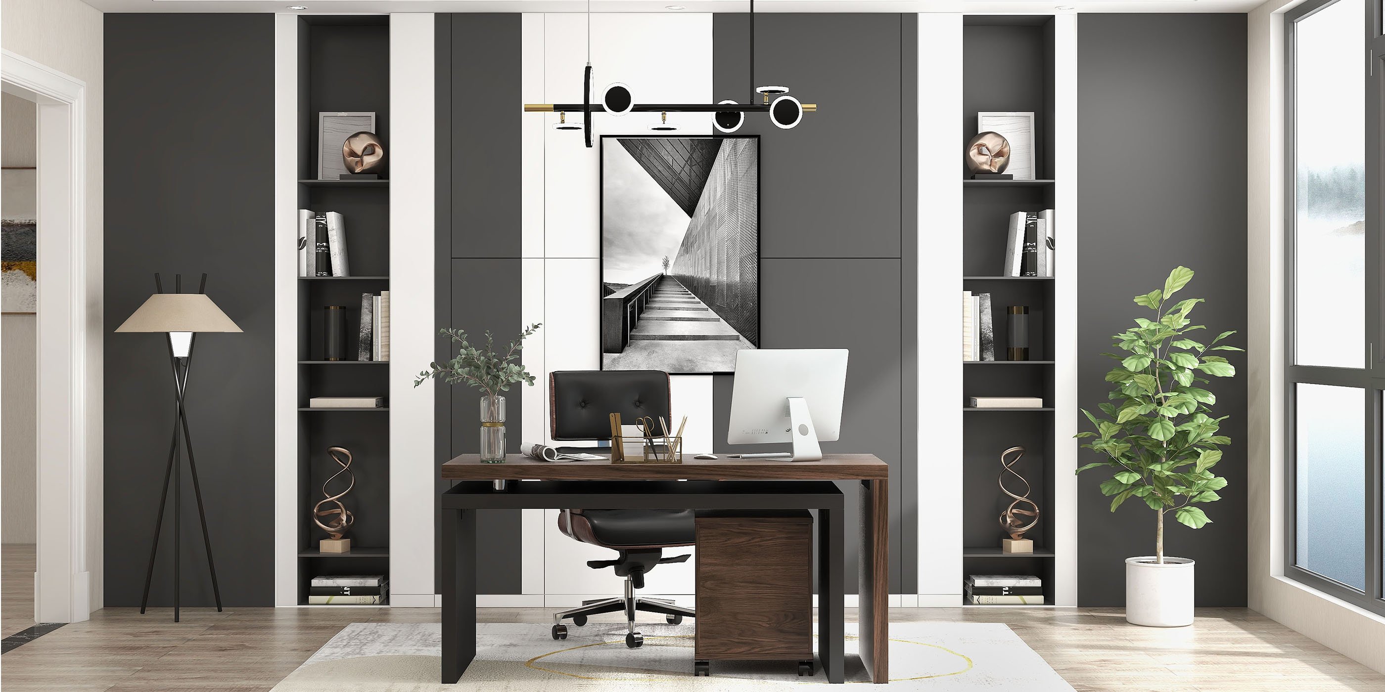 HMR Modern Home Office Chair Swivel Upholstered Wooden Office Chair Adjustable Height - Black