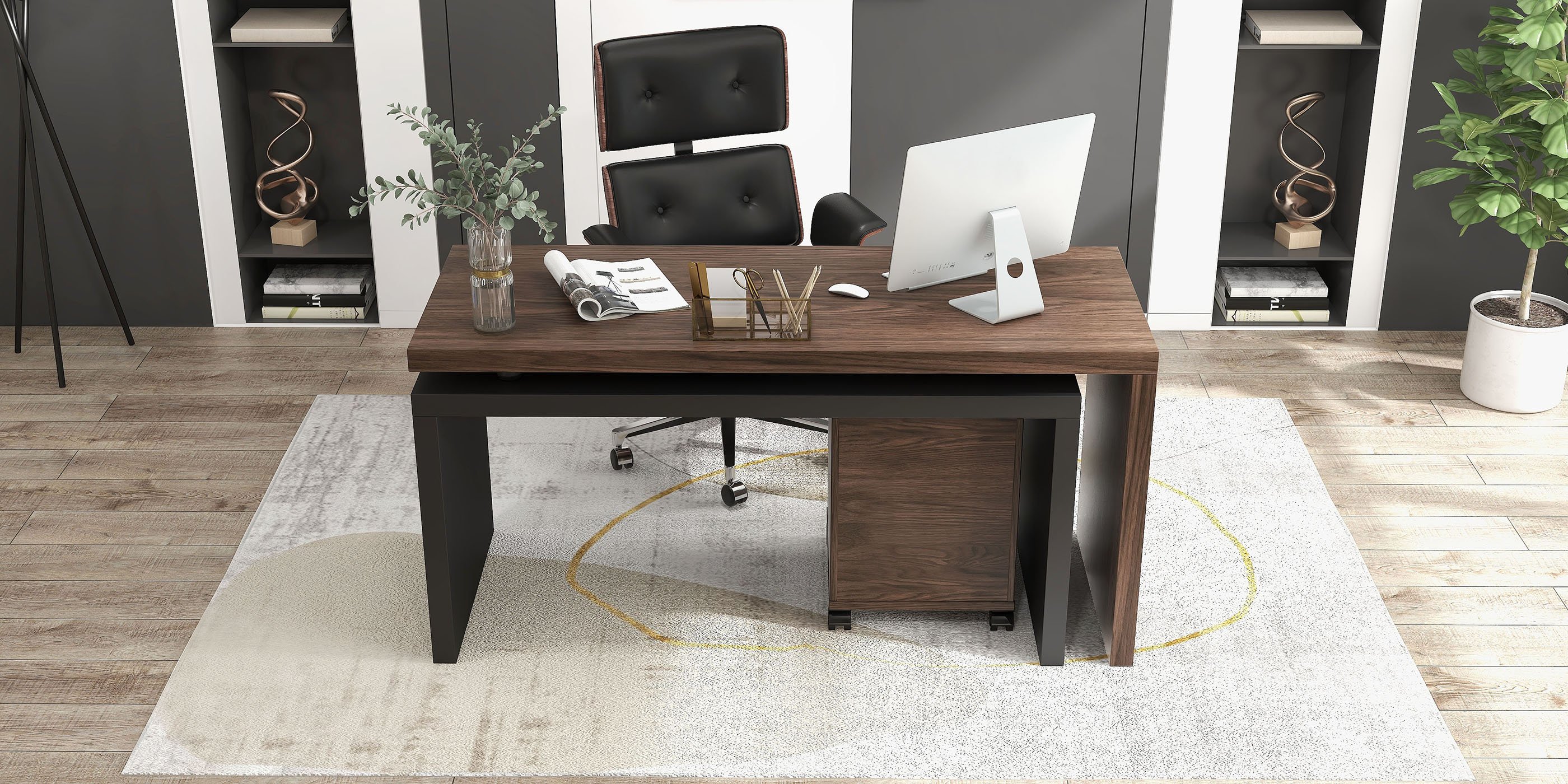 HMR Modern Home Office Chair Swivel Upholstered Wooden Office Chair Adjustable Height - Black