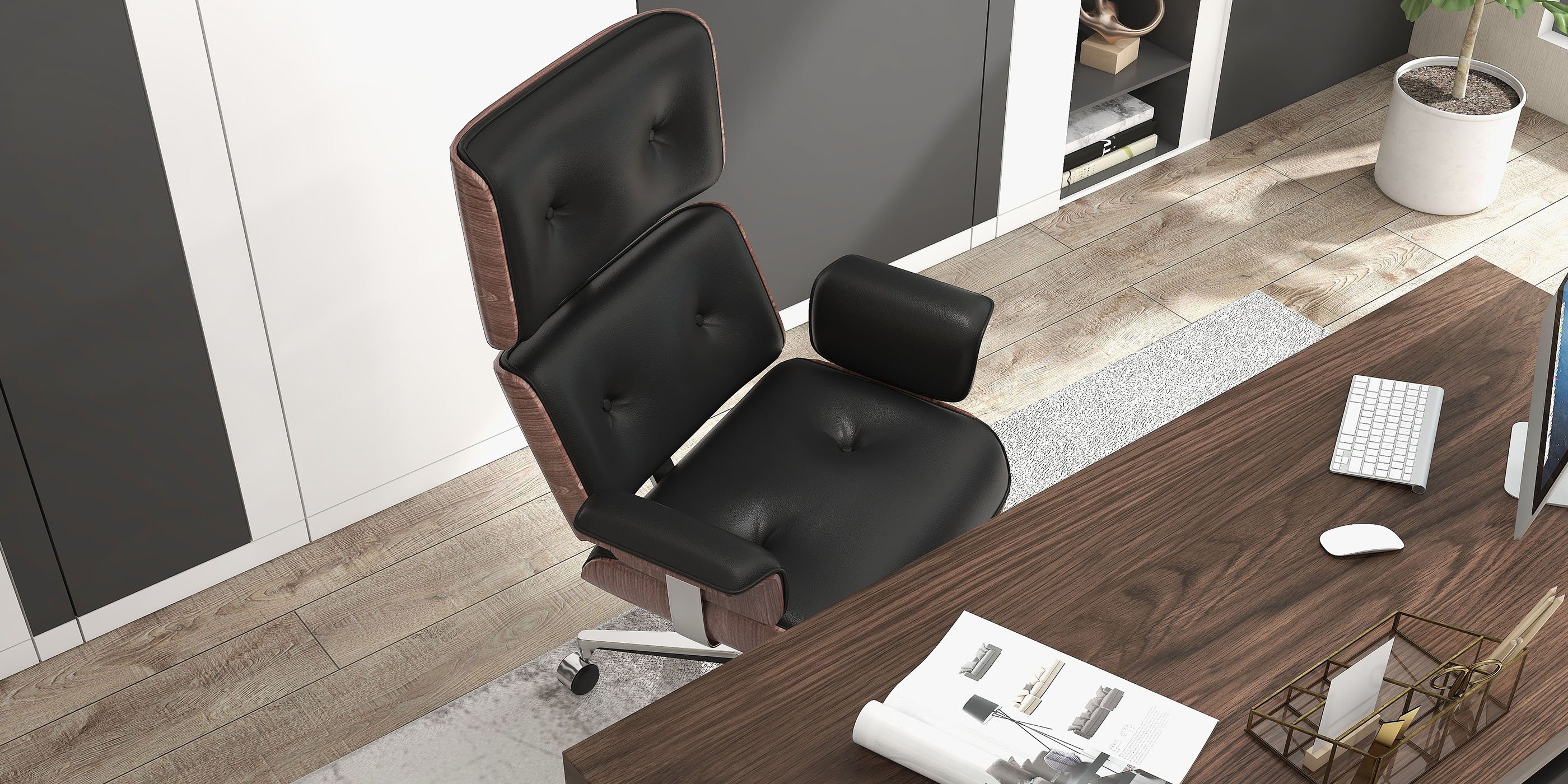HMR Modern Home Office Chair Swivel Upholstered Wooden Office Chair Adjustable Height - Black
