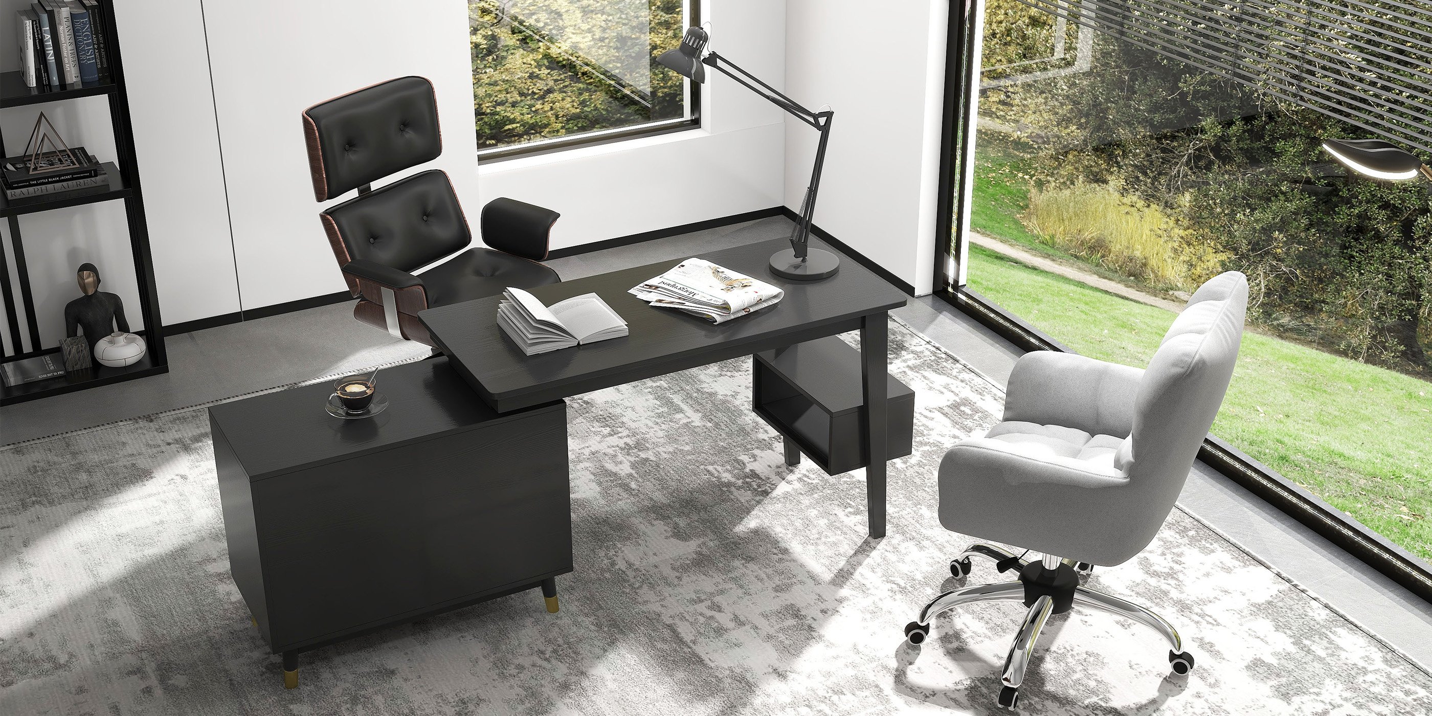 HMR Modern Home Office Chair Swivel Upholstered Wooden Office Chair Adjustable Height - Black