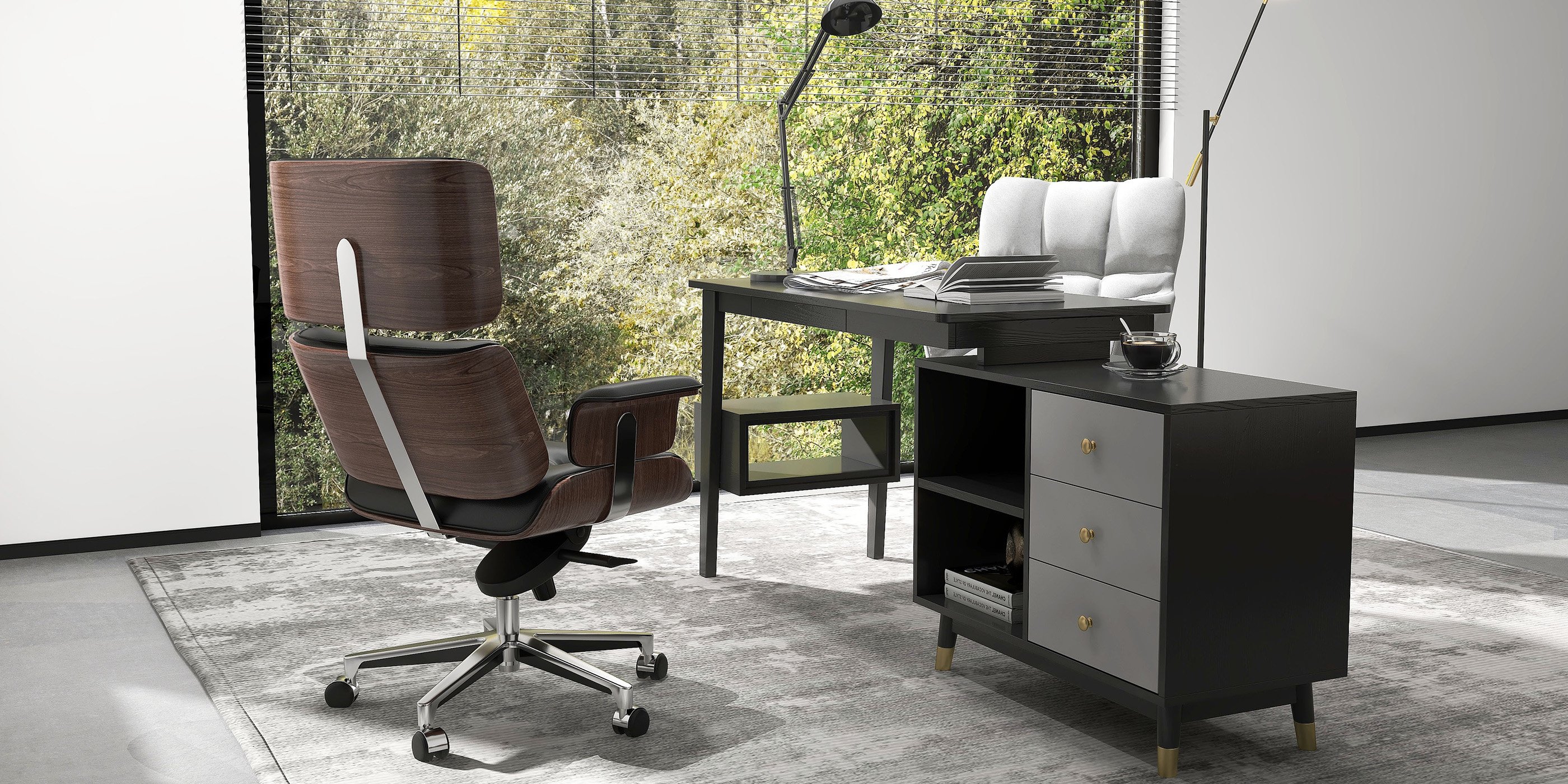 HMR Modern Home Office Chair Swivel Upholstered Wooden Office Chair Adjustable Height - Black