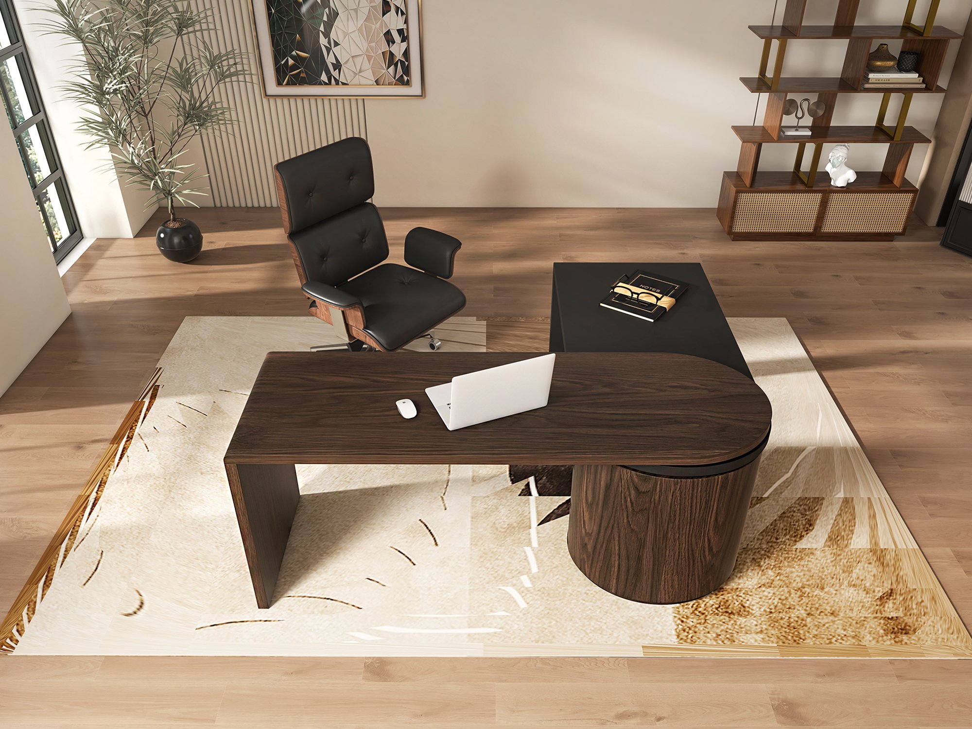 HMR Modern Home Office Chair Swivel Upholstered Wooden Office Chair Adjustable Height - Black