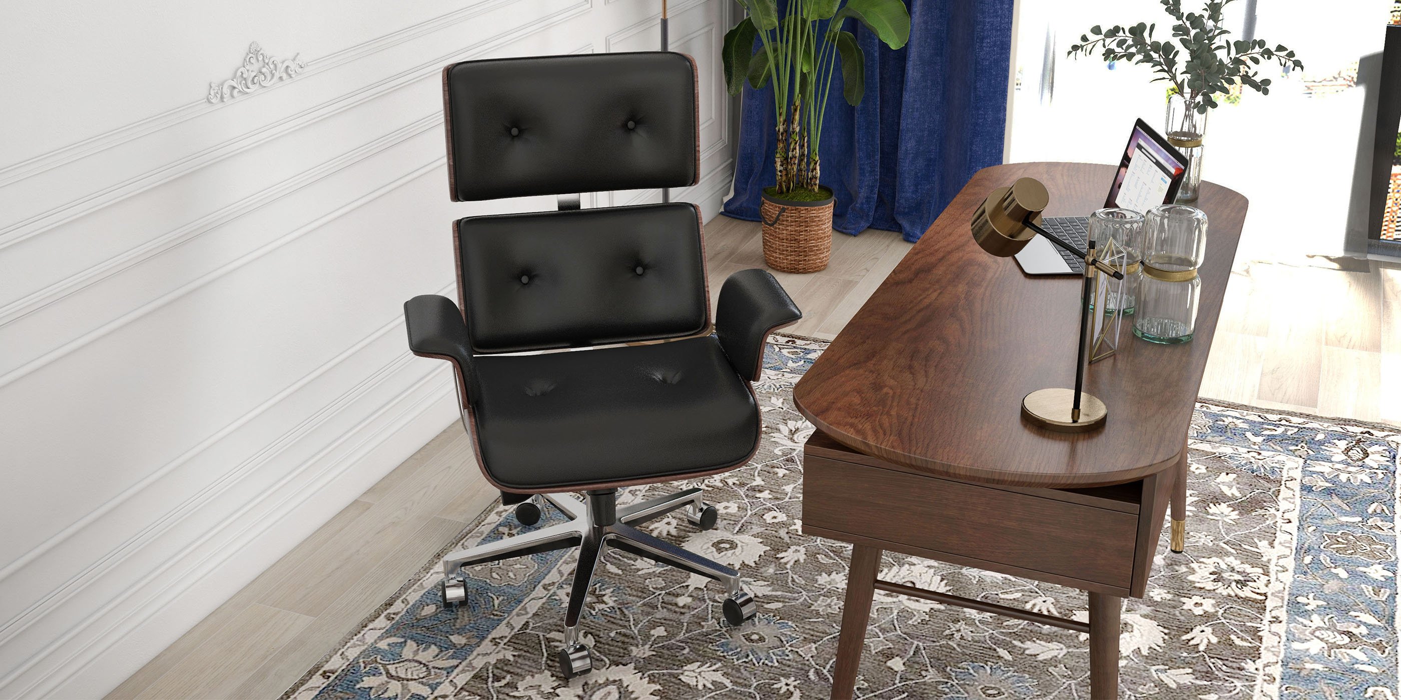 HMR Modern Home Office Chair Swivel Upholstered Wooden Office Chair Adjustable Height - Black
