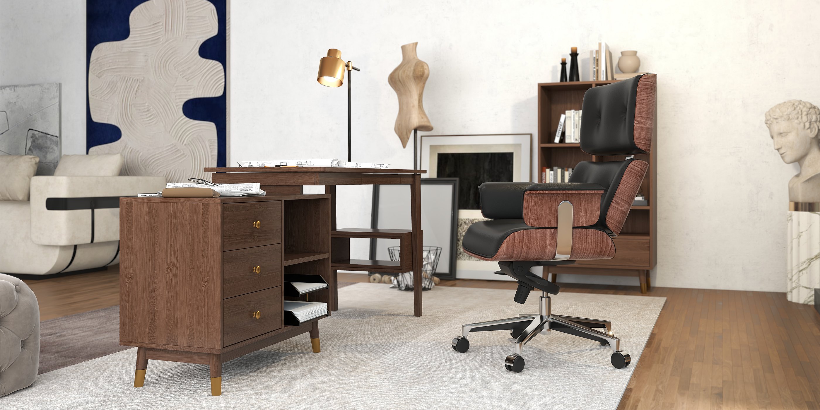HMR Modern Home Office Chair Swivel Upholstered Wooden Office Chair Adjustable Height - Black
