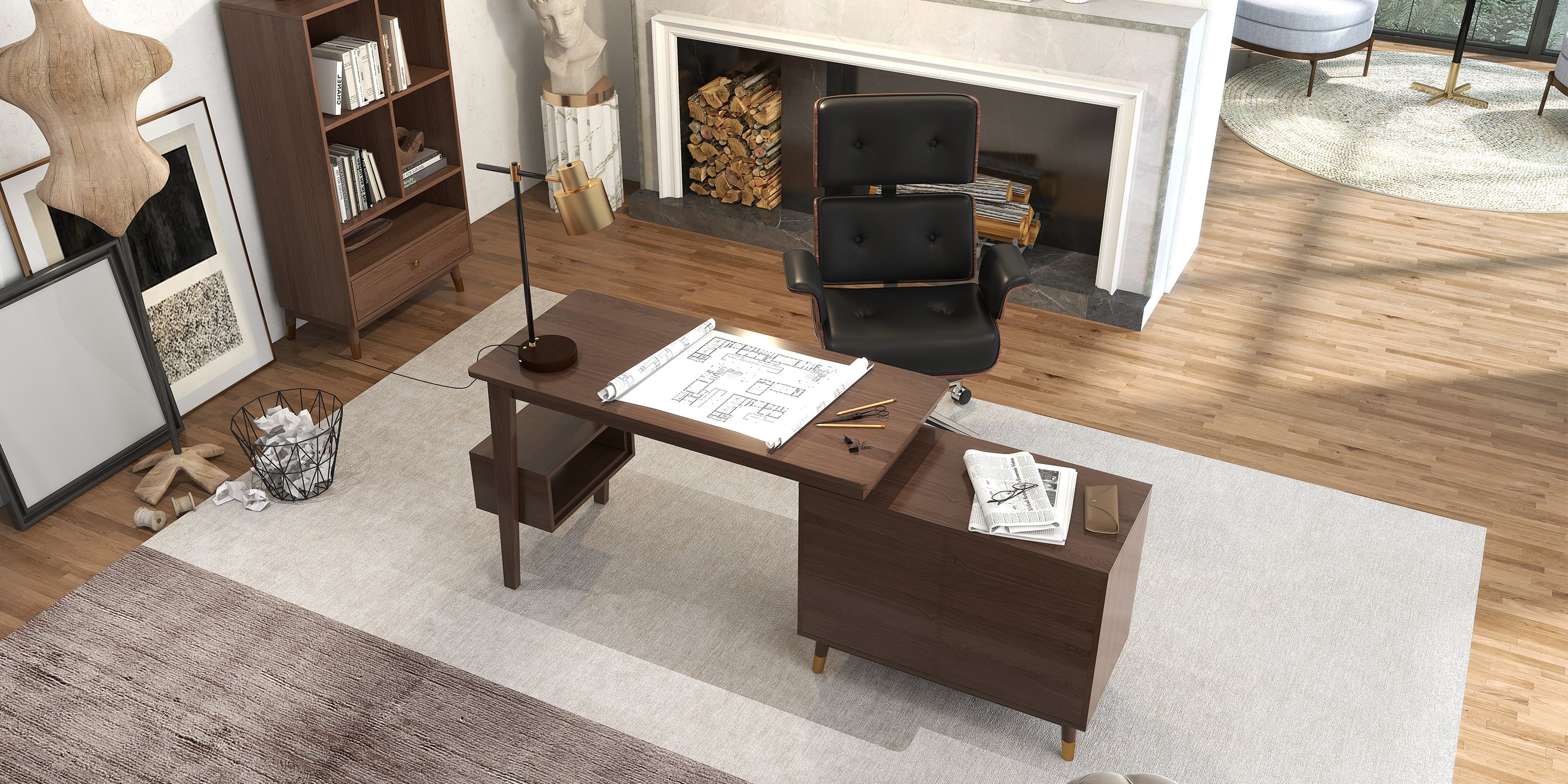 HMR Modern Home Office Chair Swivel Upholstered Wooden Office Chair Adjustable Height - Black