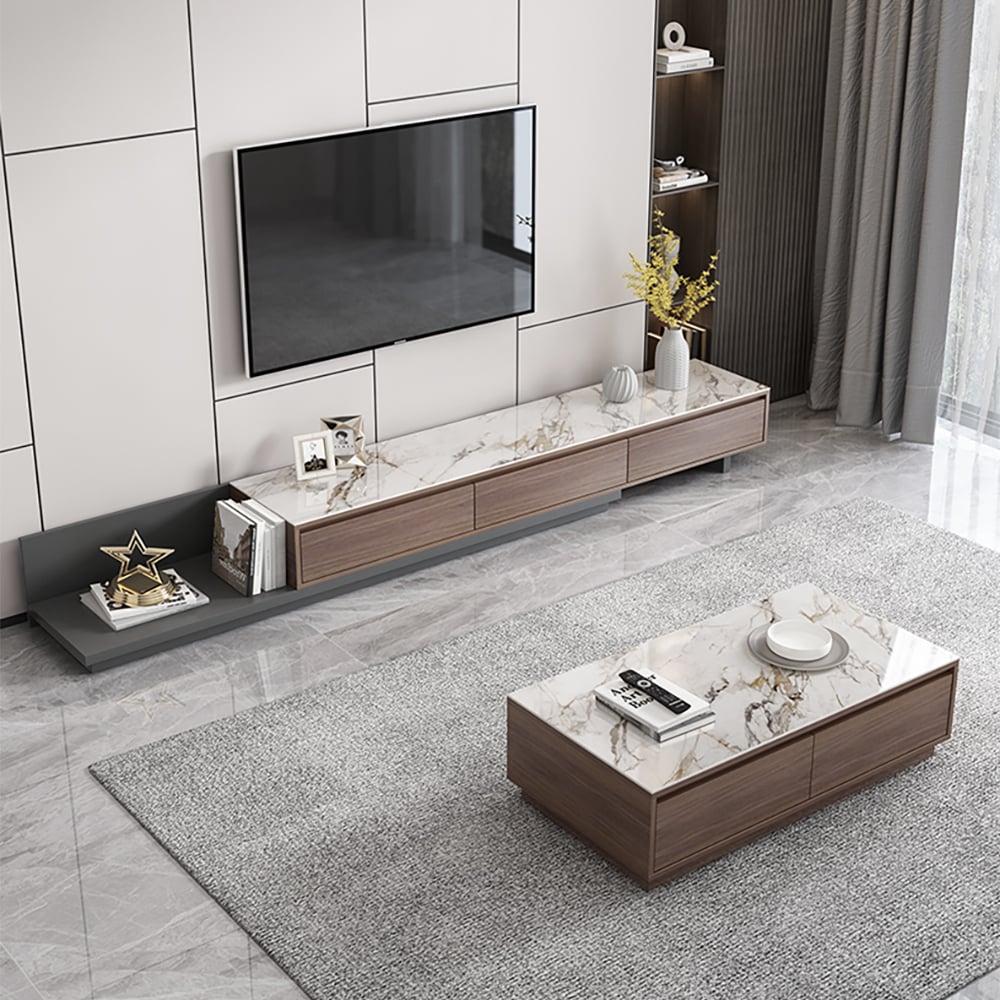 HMR Fero Extendable TV Stand with Drawers - Walnut, Sintered Stone, 79"