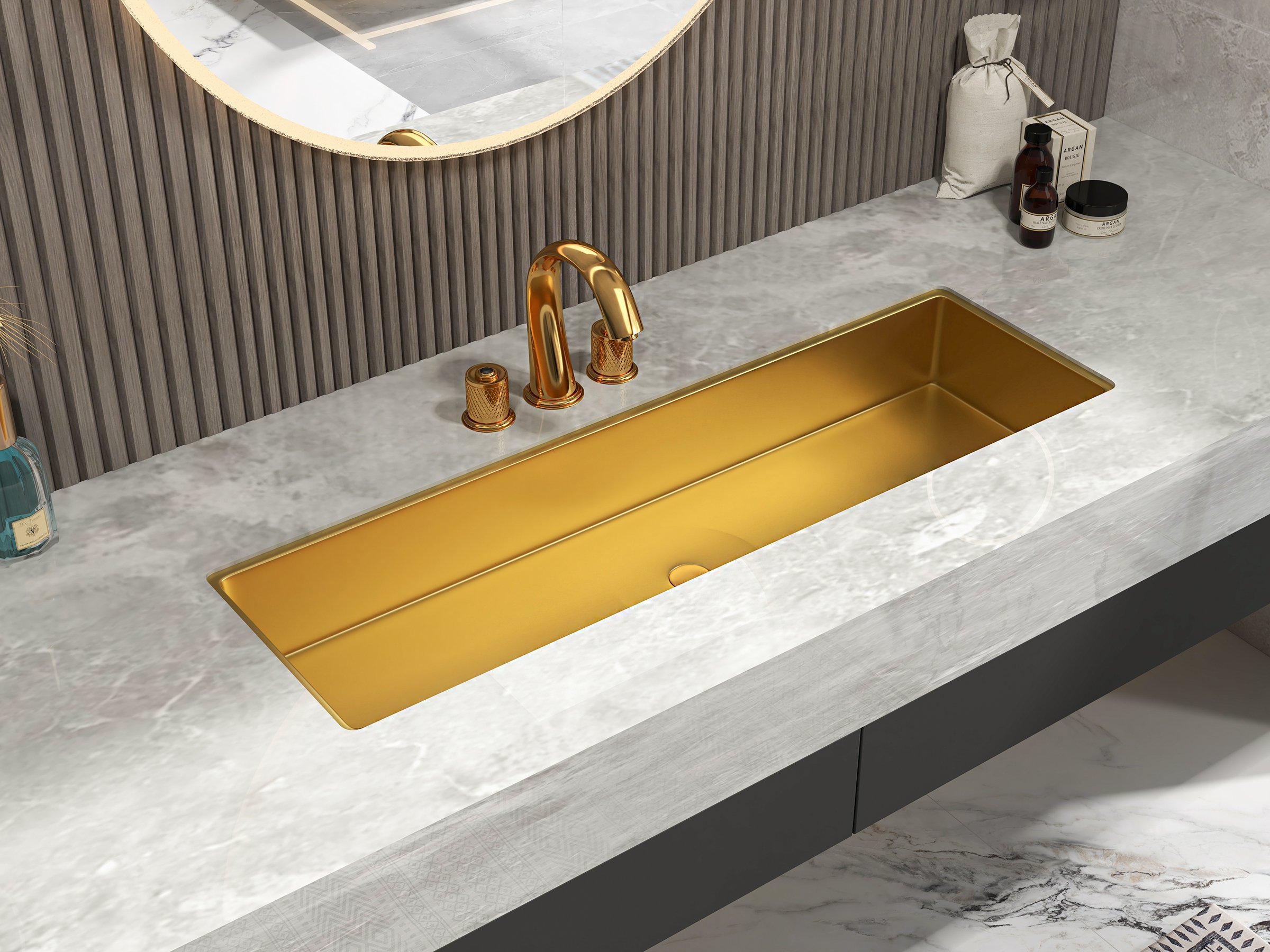 HMR - Gold Modern Bathroom Widespread Sink Faucet Double Handle Brass