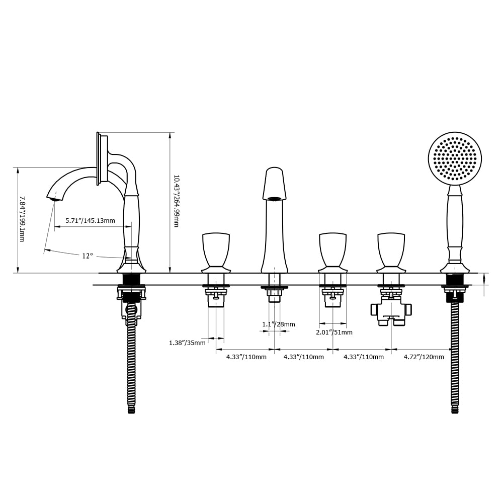 HMR - Veric Deck Mounted Roman Bathtub Faucet with Handshower Solid Brass