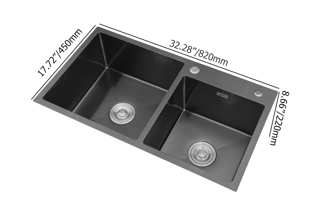 HMR 32" Stainless Steel Kitchen Sink Double Bowls Drop-In Sink with Drain and Overflow - Black