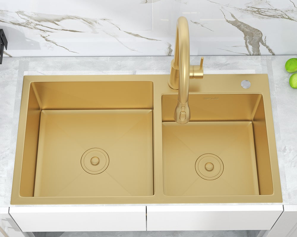 HMR - 32 Stainless Steel Kitchen Sink Double Bowls DropIn Sink with Drain and Overflow