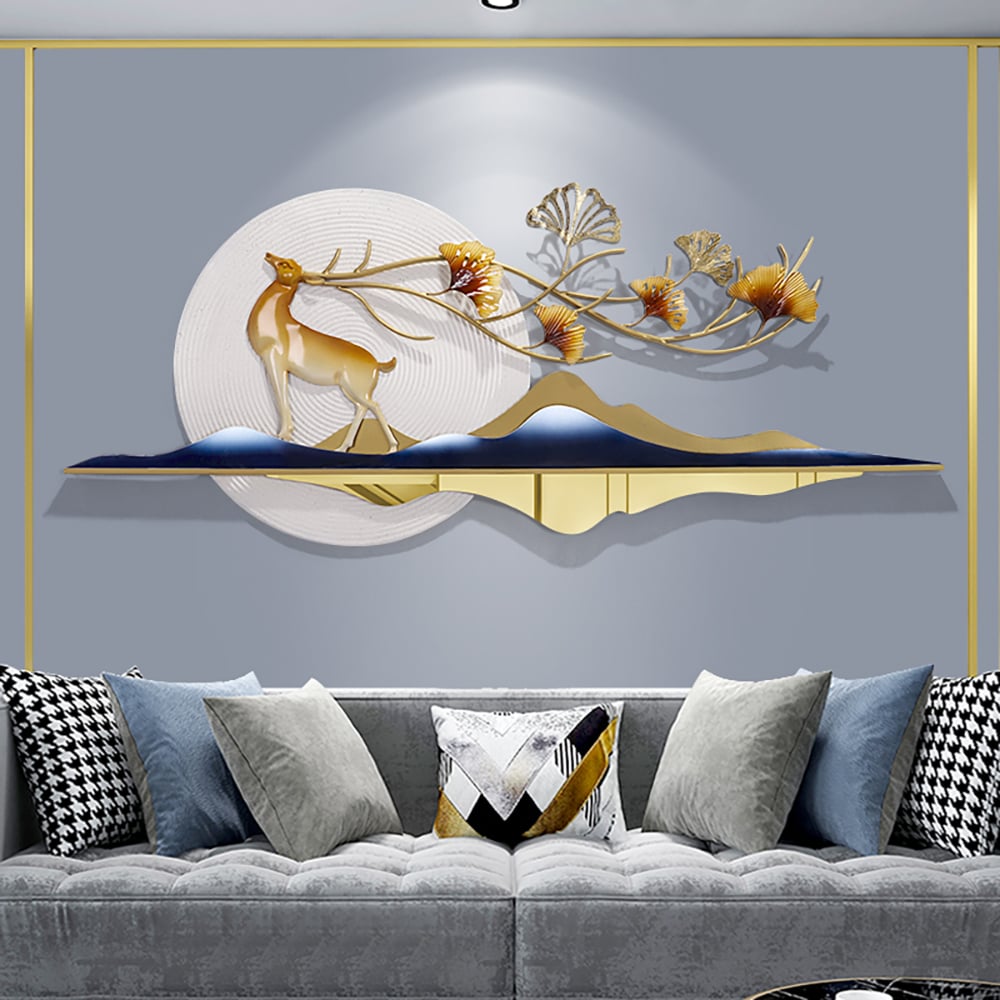 HMR - 55" Modern Metal Wall Decor with Hollow-Out Ginkgo Leaves & Deer for Living Room