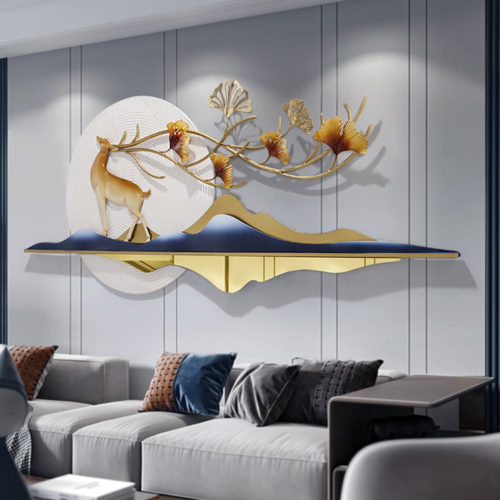 HMR - 55" Modern Metal Wall Decor with Hollow-Out Ginkgo Leaves & Deer for Living Room