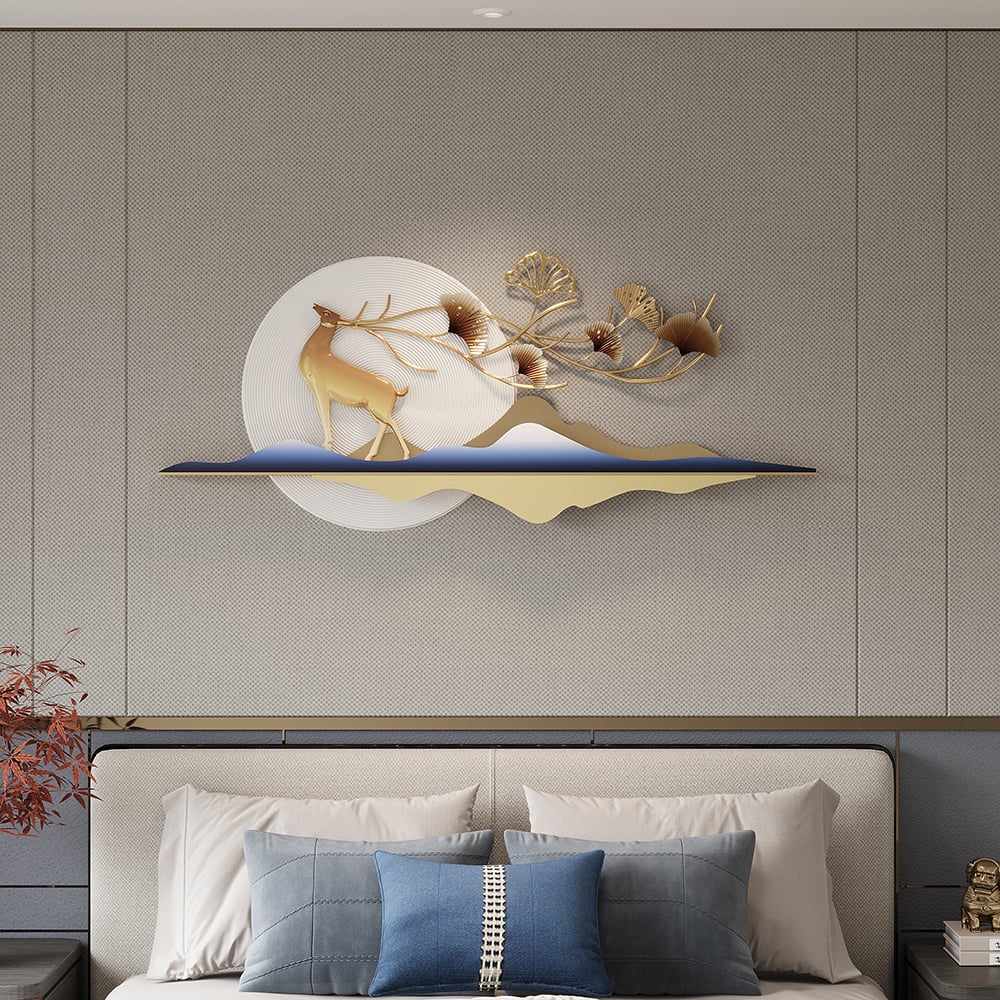 HMR - 55" Modern Metal Wall Decor with Hollow-Out Ginkgo Leaves & Deer for Living Room