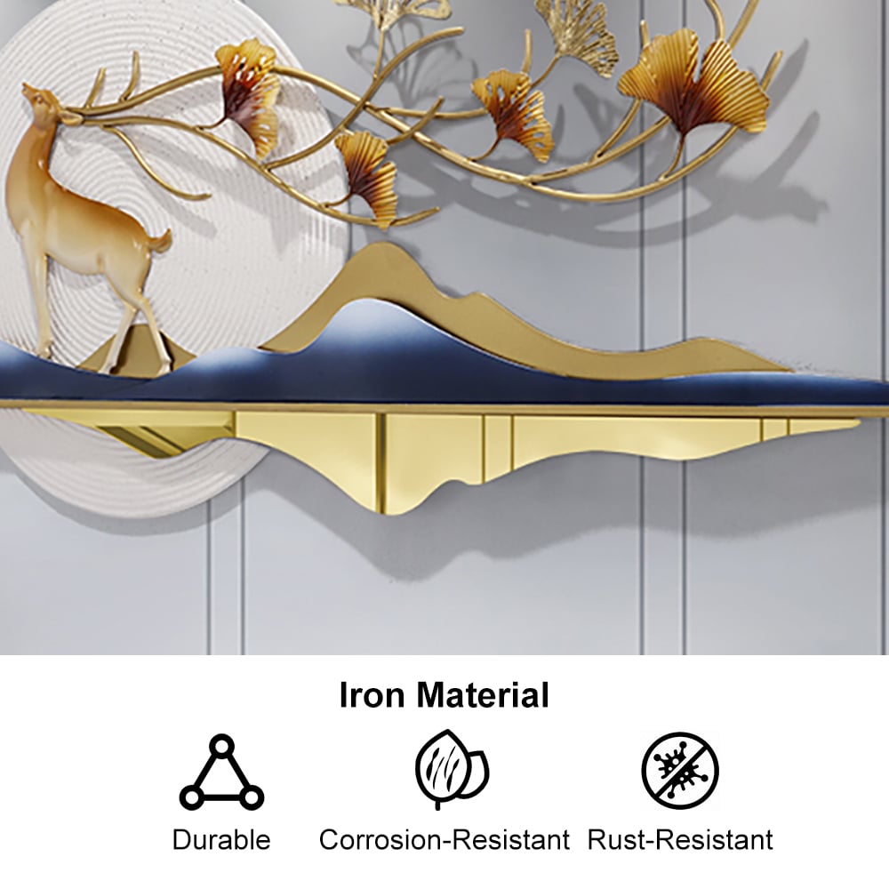 HMR - 55" Modern Metal Wall Decor with Hollow-Out Ginkgo Leaves & Deer for Living Room