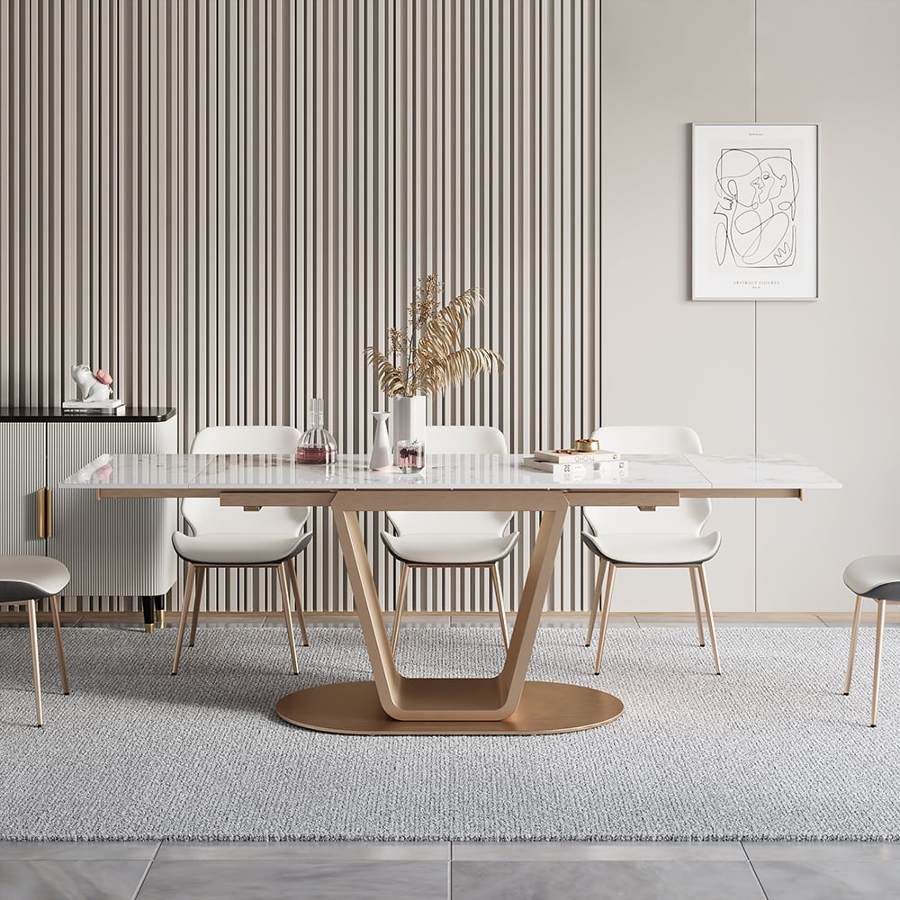 HMR - 63"-94.5" Modern Rectangle Extendable Sintered Stone Dining Table Seats 6-8 People