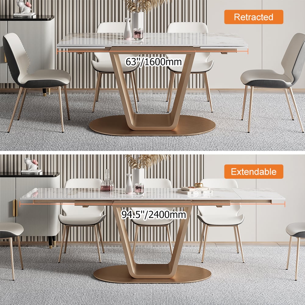 HMR - 63"-94.5" Modern Rectangle Extendable Sintered Stone Dining Table Seats 6-8 People